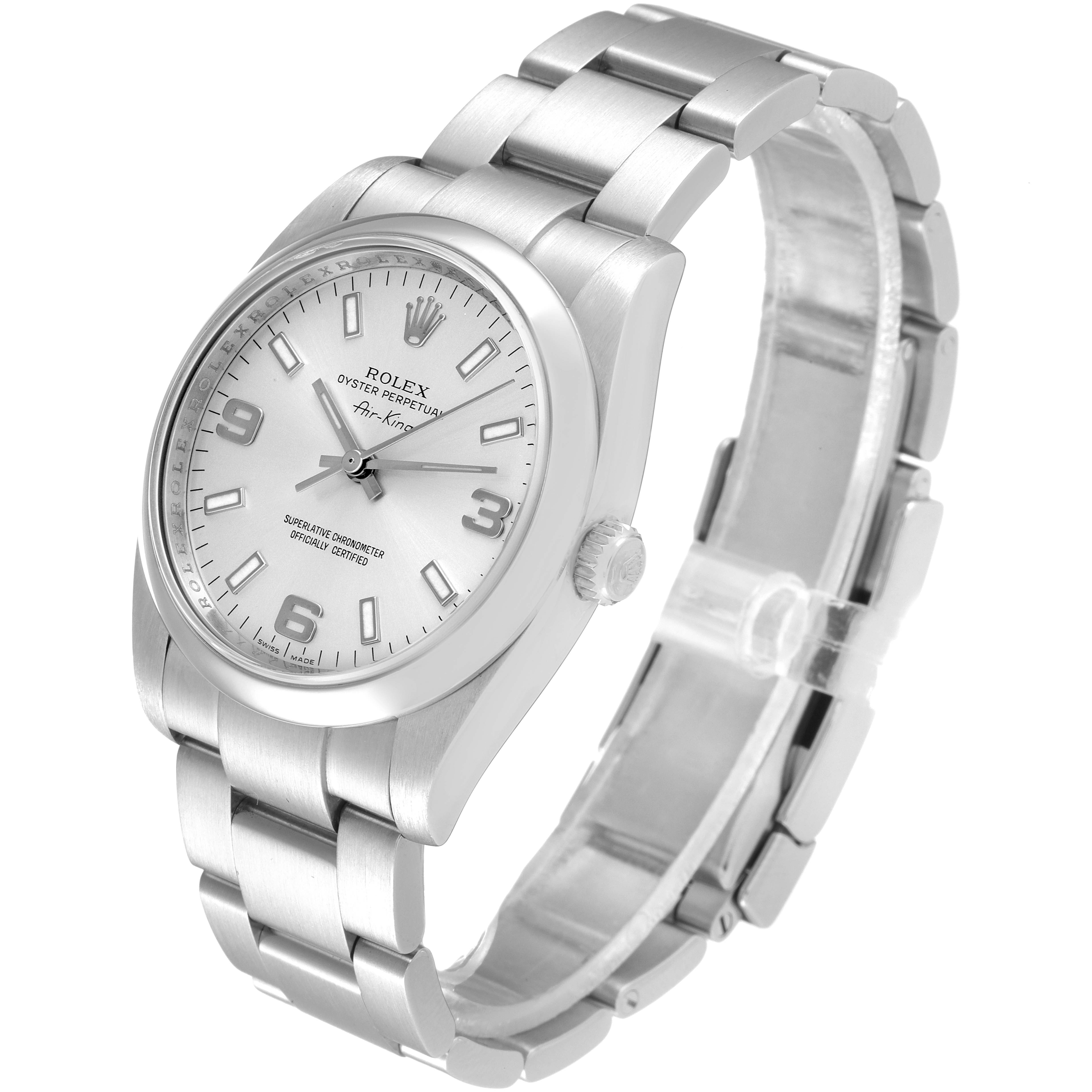 The Rolex Air-King 114200 Men's Stainless Steel Silver Dial 114200 Men's Stainless Steel Silver Dial watch is shown at an oblique angle highlighting the dial, crown, and bracelet.