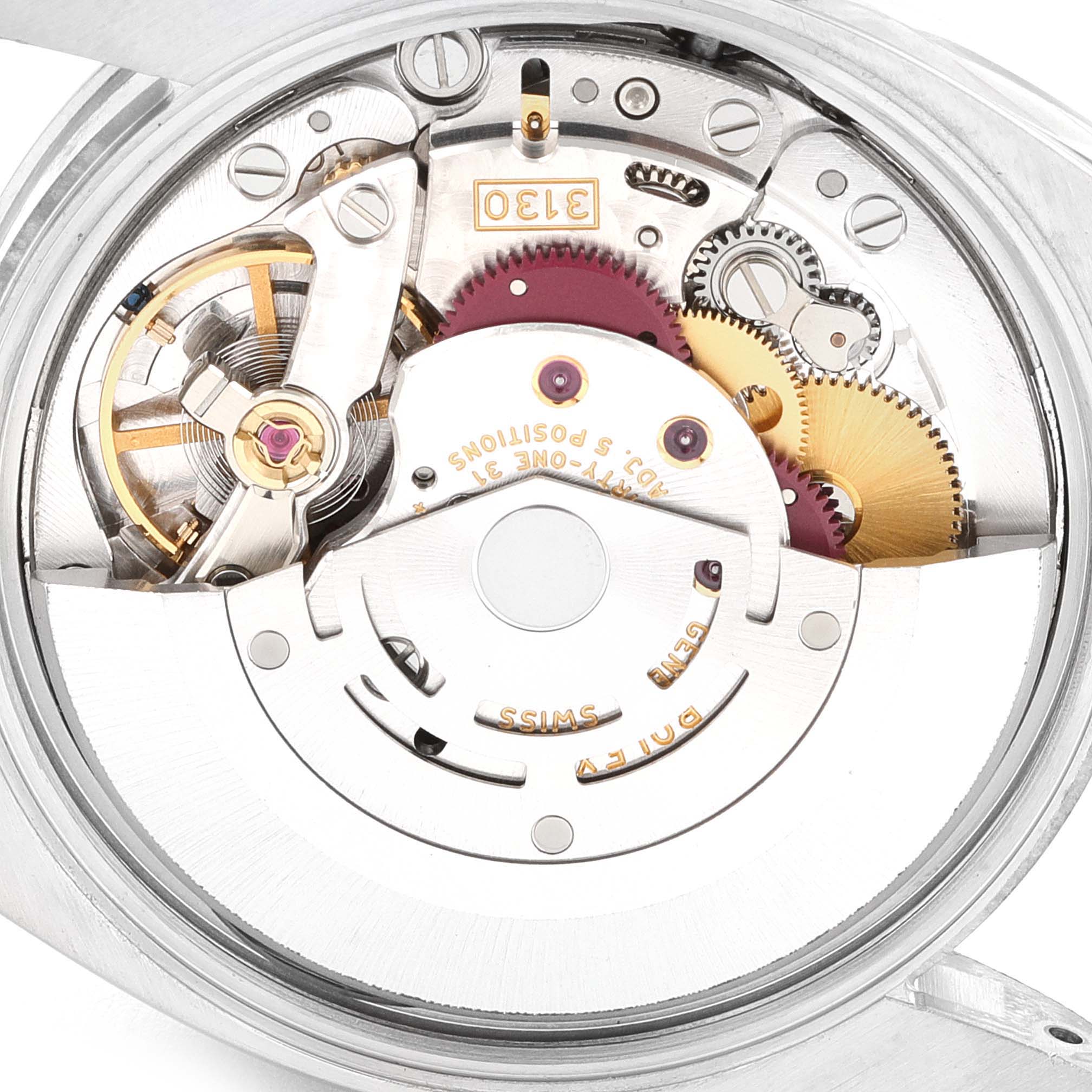 This image shows the inner mechanical movement and components of a Rolex Air-King 114200 Men's Stainless Steel Silver Dial 114200 Men's Stainless Steel Silver Dial watch from a top-down angle.