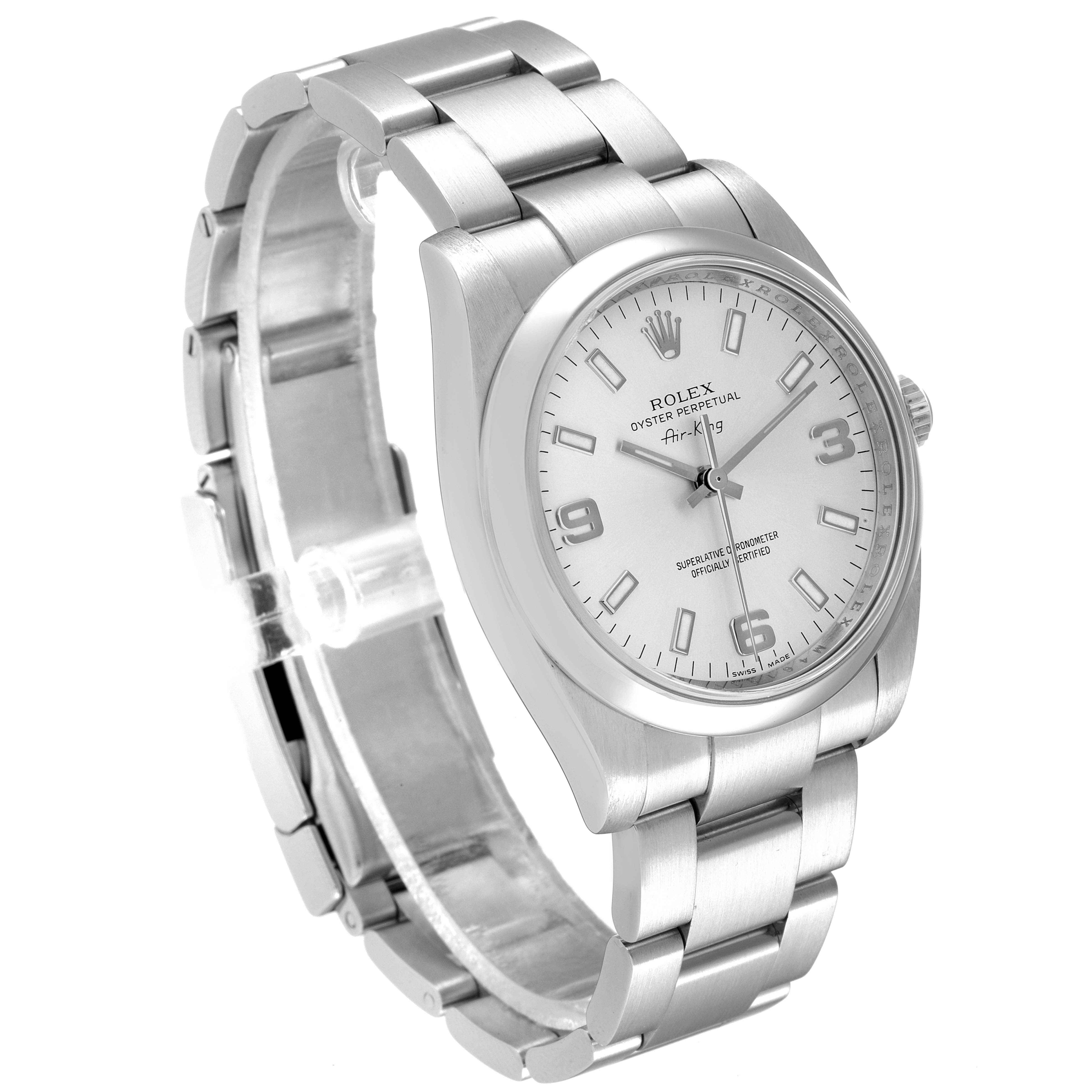 This image shows a front-angle view of the dial and bracelet of a Rolex Air-King 114200 Men's Stainless Steel Silver Dial 114200 Men's Stainless Steel Silver Dial watch.