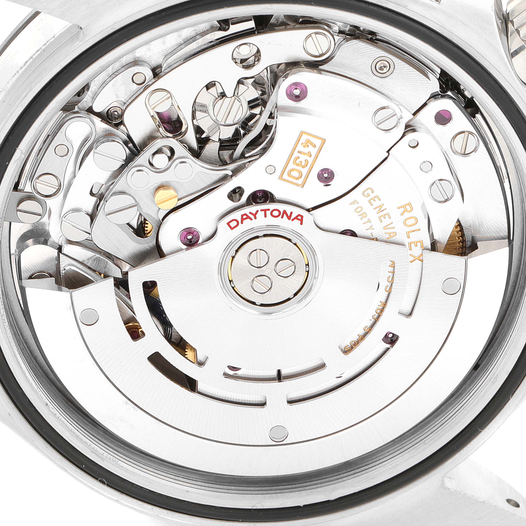 The image shows the intricate internal mechanism and rotor of a Rolex Daytona 116500 Men
s Stainless Steel Black Dial 116500 Men
s Stainless Steel Black Dial watch from a close-up, overhead angle.