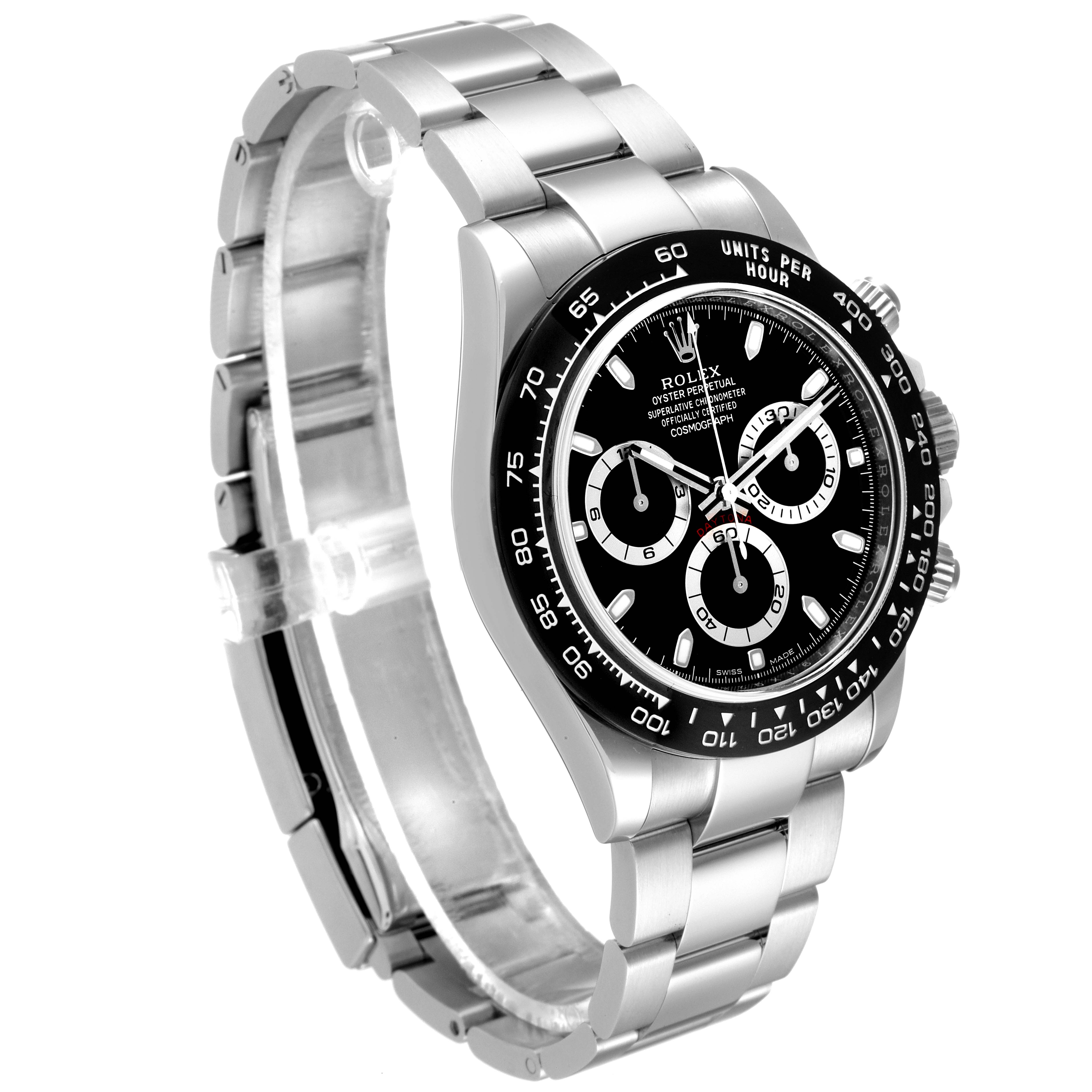 The image shows a Rolex Daytona 116500 Men
s Stainless Steel Black Dial 116500 Men
s Stainless Steel Black Dial watch, displaying its face, bezel, side buttons, and metal bracelet from a three-quarter angle.