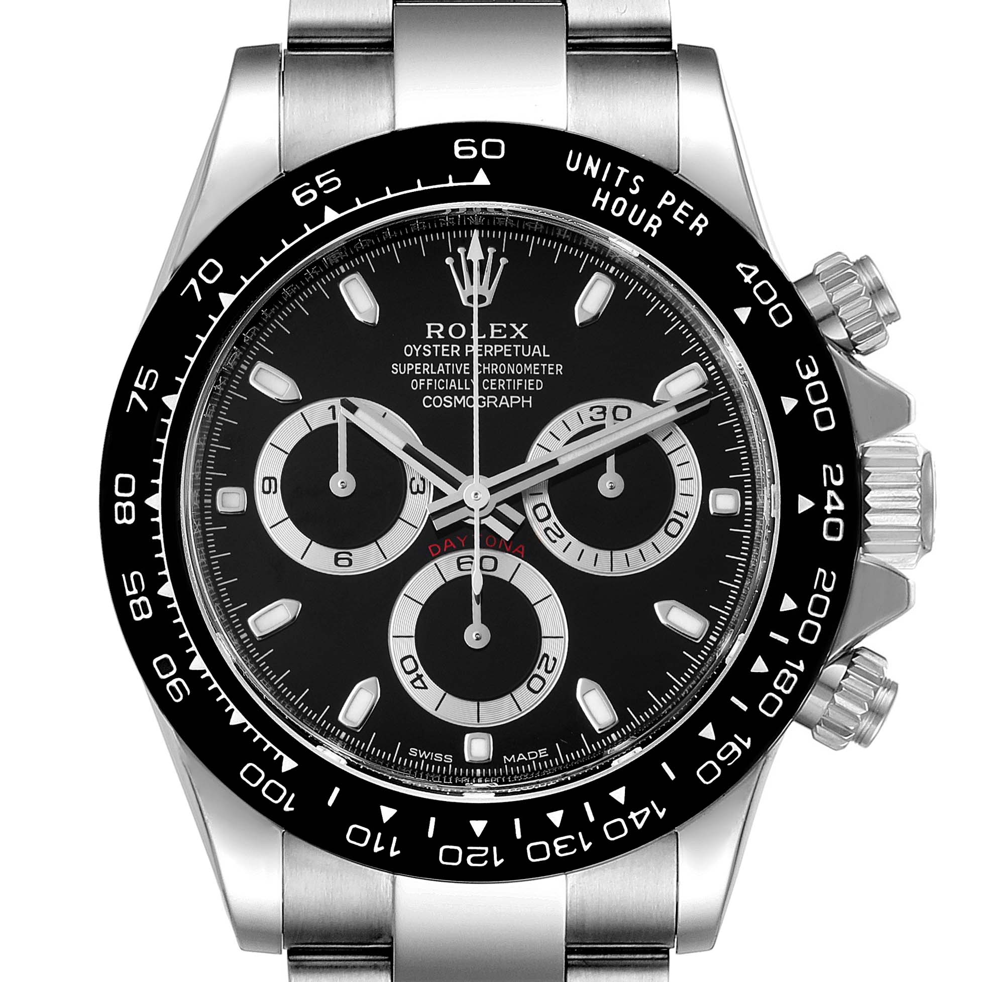 The image shows a front view of a Rolex Daytona 116500 Men
s Stainless Steel Black Dial 116500 Men
s Stainless Steel Black Dial watch, displaying its dial, bezel, and chronograph sub-dials.