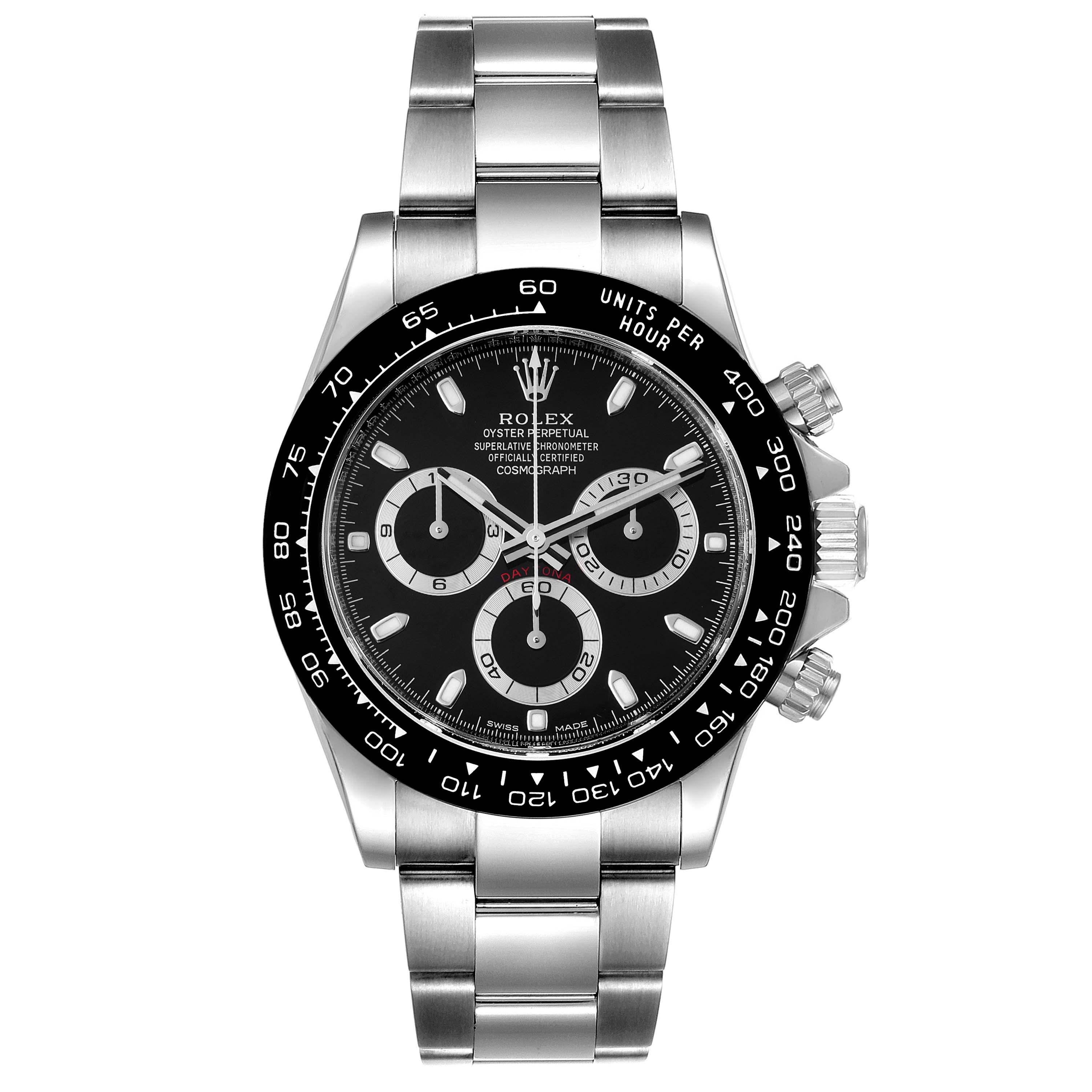 This image shows a front view of the Rolex Daytona 116500 Men
s Stainless Steel Black Dial 116500 Men
s Stainless Steel Black Dial watch, highlighting the black dial, tachymeter bezel, and stainless steel bracelet.