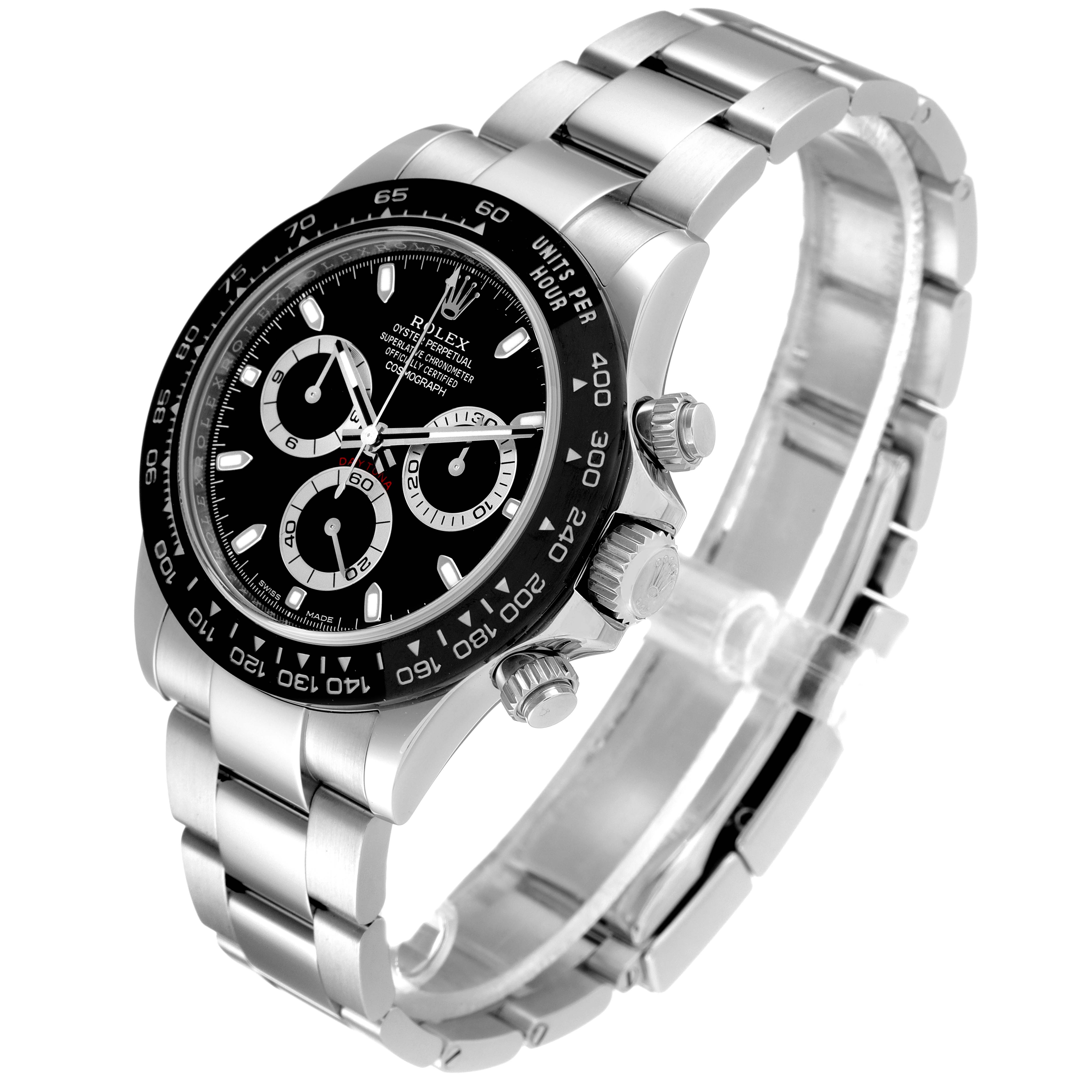 The image shows a side-angle view of a Rolex Daytona 116500 Men
s Stainless Steel Black Dial 116500 Men
s Stainless Steel Black Dial watch, highlighting the face, bezel, buttons, and bracelet.