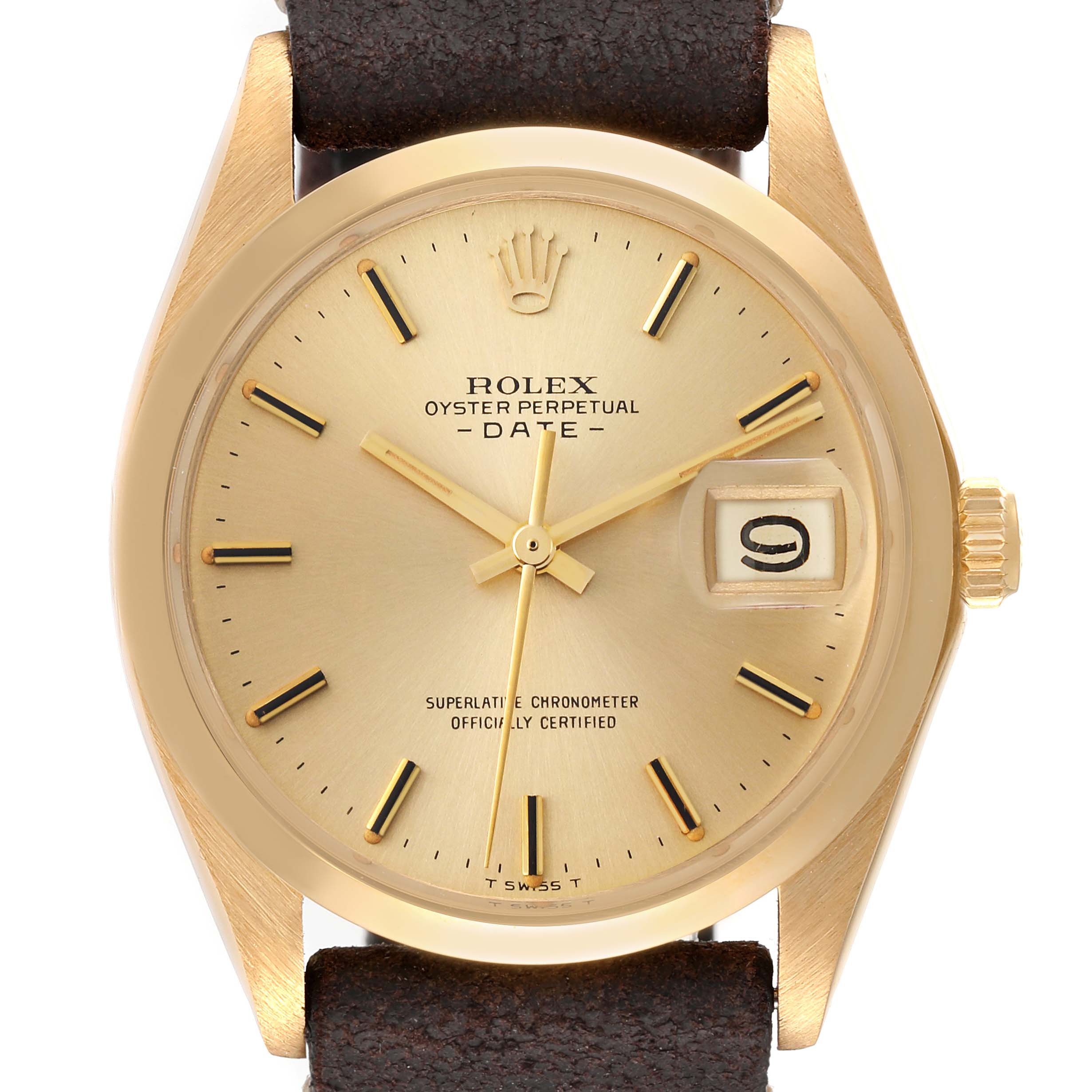 The image shows a front view of the Rolex Vintage Collection 1500 Men's Yellow Gold Champagne Dial 1500 Men's Yellow Gold Champagne Dial Oyster Perpetual Date watch, highlighting the dial, hour markers, hands, and date window.