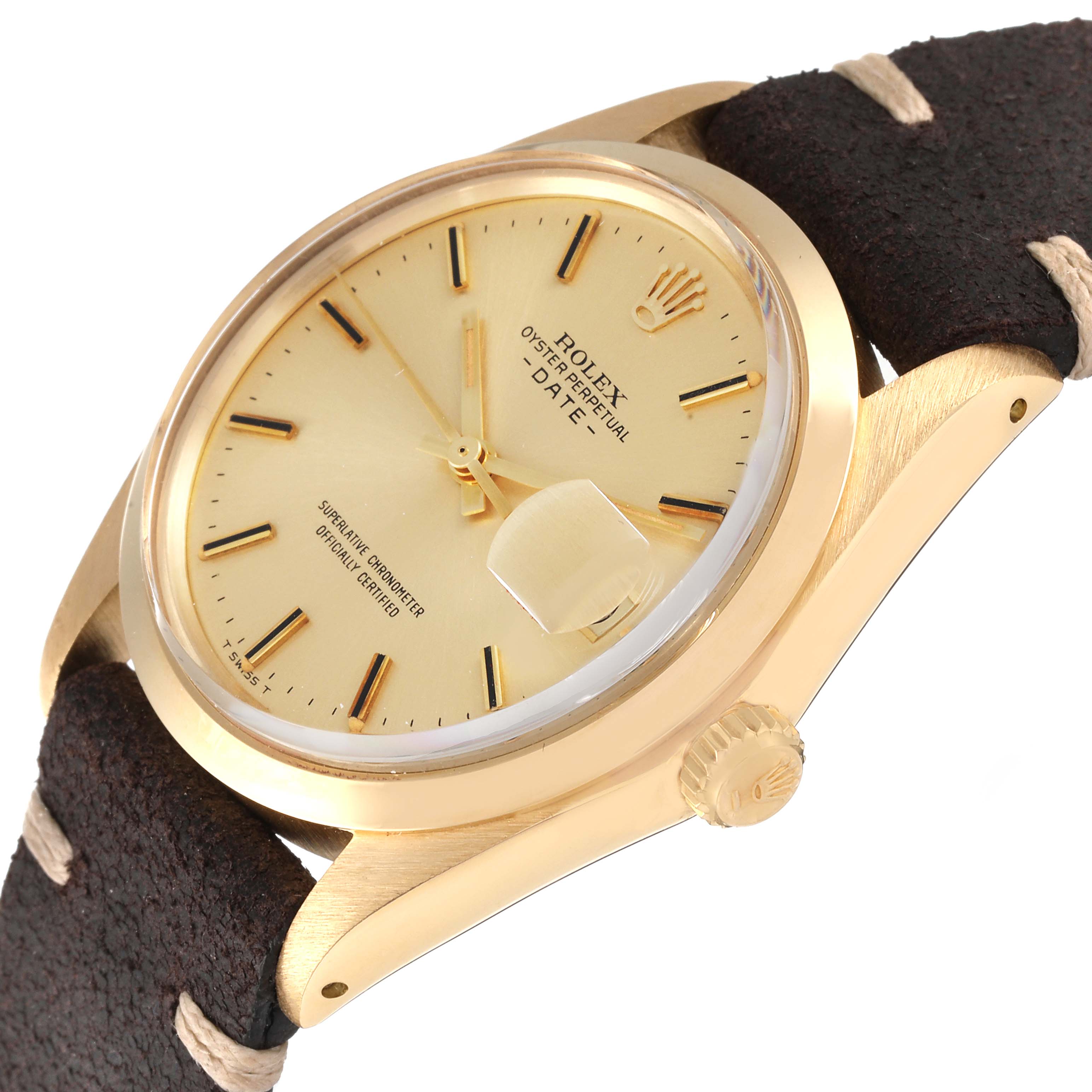 This image shows the dial and right-side crown of a Rolex Vintage Collection 1500 Men's Yellow Gold Champagne Dial 1500 Men's Yellow Gold Champagne Dial model watch from an angled view.
