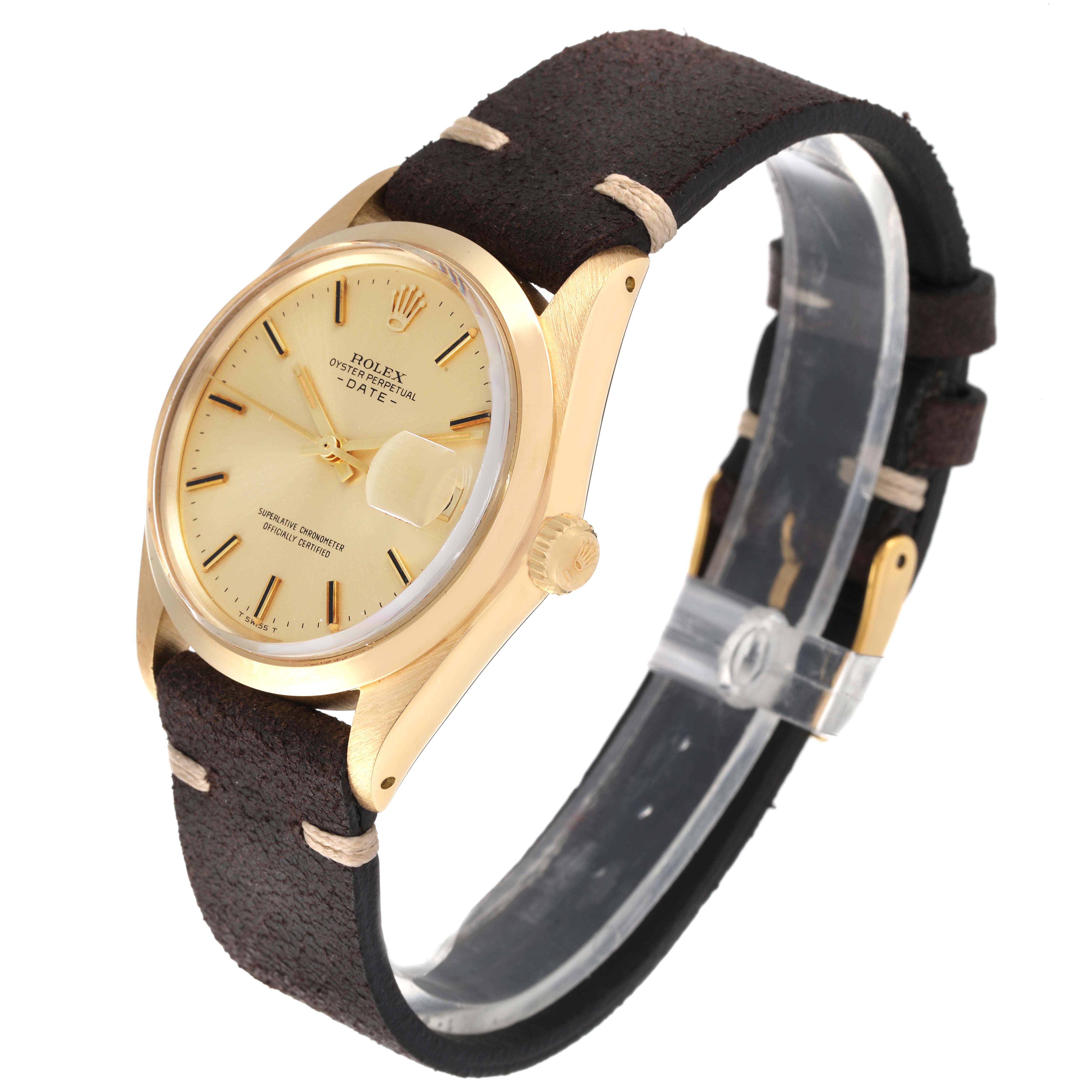 The watch is shown at a three-quarter angle, showcasing the dial, bezel, crown, and leather strap of the Rolex Vintage Collection 1500 Men's Yellow Gold Champagne Dial 1500 Men's Yellow Gold Champagne Dial model.