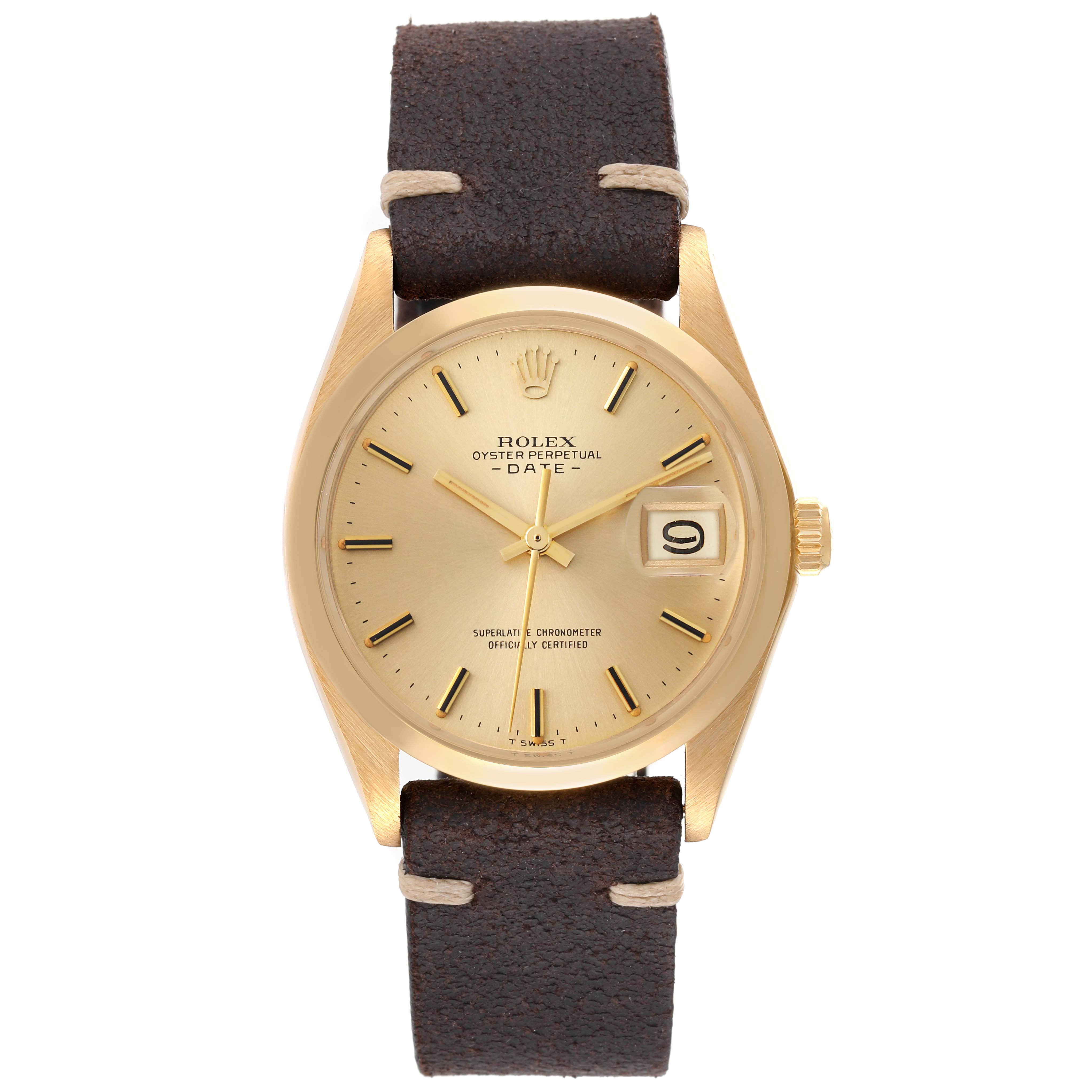 The watch displays a front view, showcasing the face, bezel, case, and leather strap of the Rolex Vintage Collection 1500 Men's Yellow Gold Champagne Dial 1500 Men's Yellow Gold Champagne Dial model.