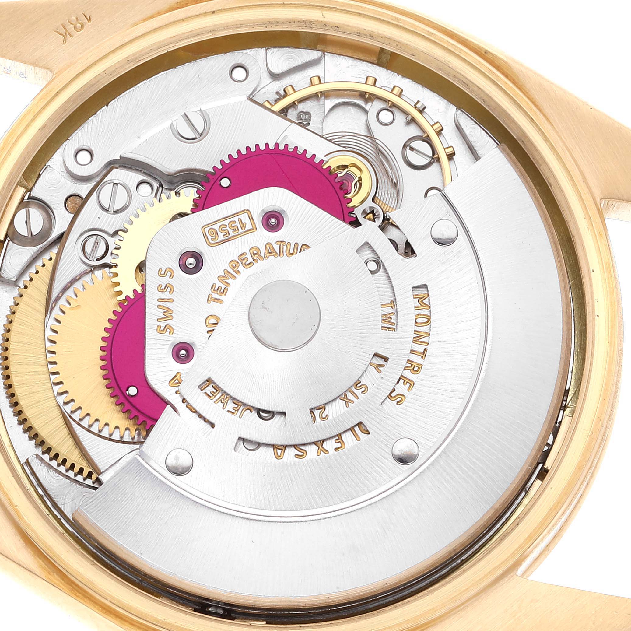 The image shows the internal mechanism of a Rolex Vintage Collection 1500 Men's Yellow Gold Champagne Dial 1500 Men's Yellow Gold Champagne Dial watch at an overhead angle.