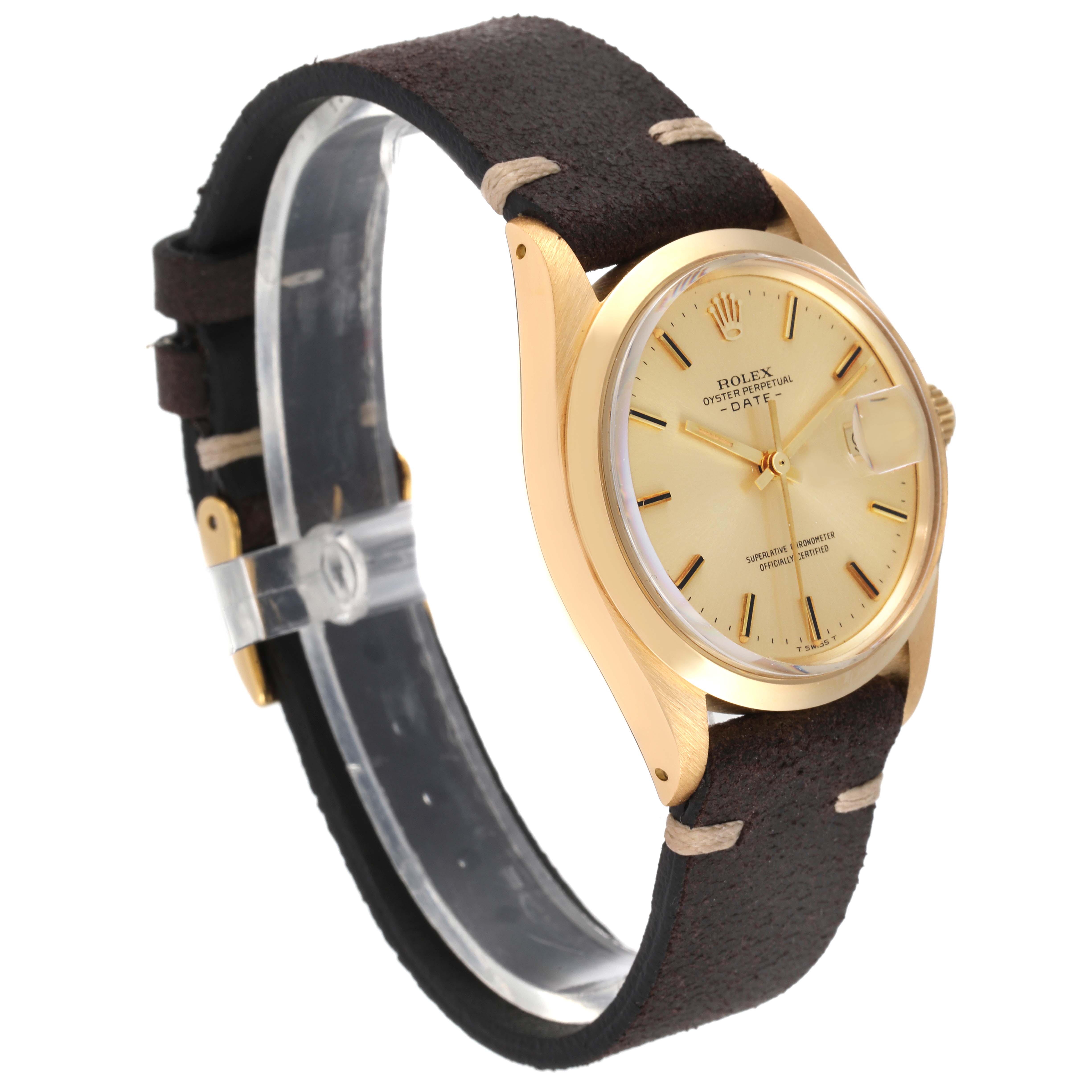 The image shows a Rolex Vintage Collection 1500 Men's Yellow Gold Champagne Dial 1500 Men's Yellow Gold Champagne Dial watch angled from the front-left, showcasing its face, bezel, and strap.