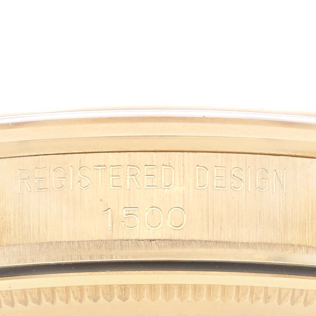 This image shows a close-up of the side engraving on the case back of a Vintage Collection Rolex watch model 1500.