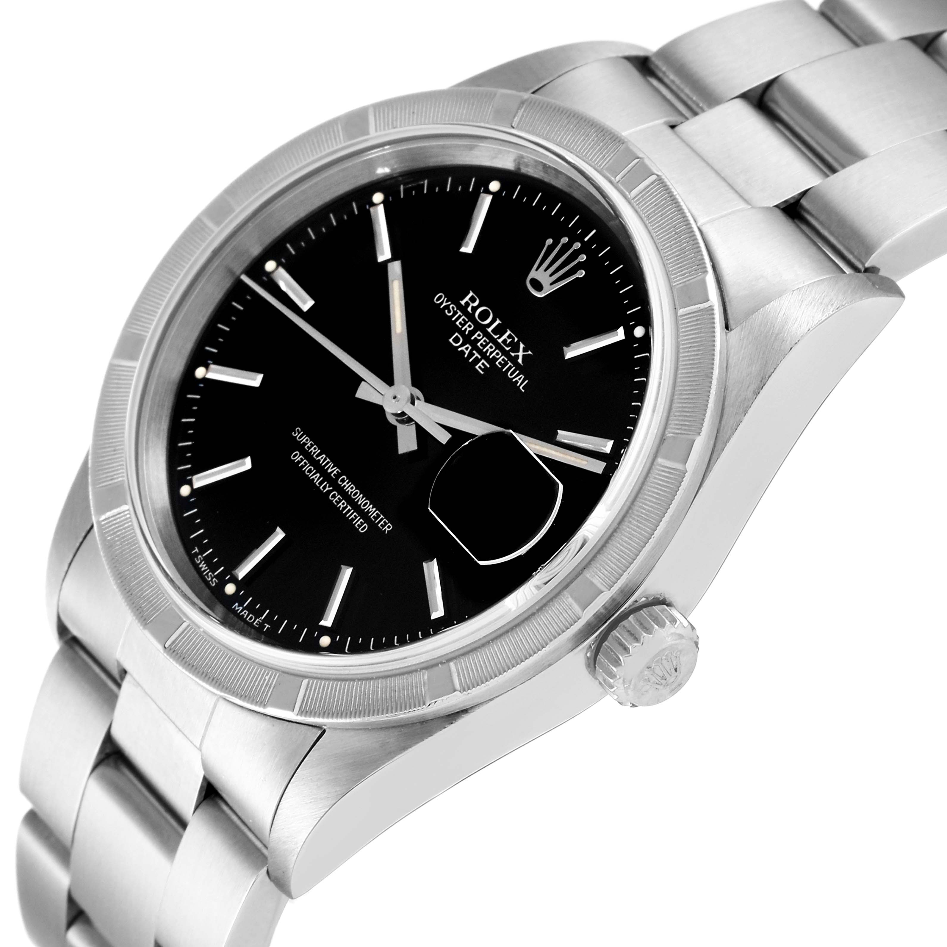 This is a side angle view of the Rolex Date 15210 Men
s Stainless Steel Black Dial 15210 Men
s Stainless Steel Black Dial model showing the watch face, bezel, crown, and part of the bracelet.