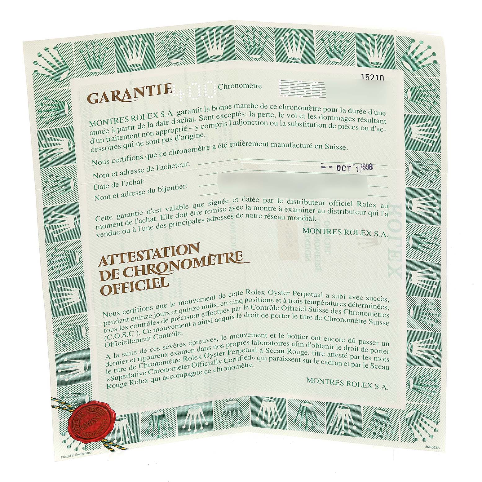 This image shows a green-bordered warranty and chronometer certification card for a Rolex Date 15210 Men
s Stainless Steel Black Dial 15210 Men
s Stainless Steel Black Dial model watch.