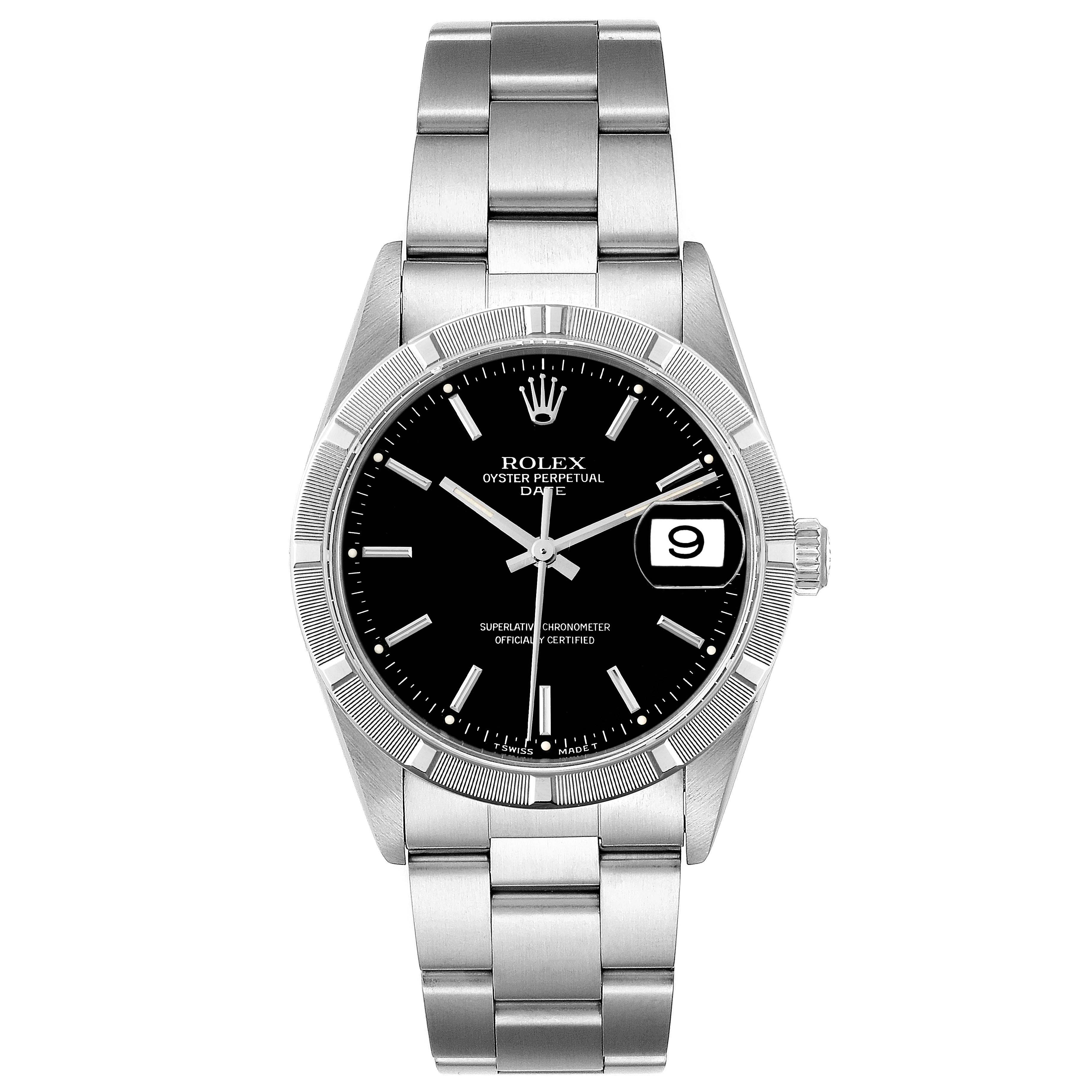 This image shows a full frontal view of a Rolex Date 15210 Men
s Stainless Steel Black Dial 15210 Men
s Stainless Steel Black Dial model watch, highlighting its bezel, bracelet, and black dial with a date display.