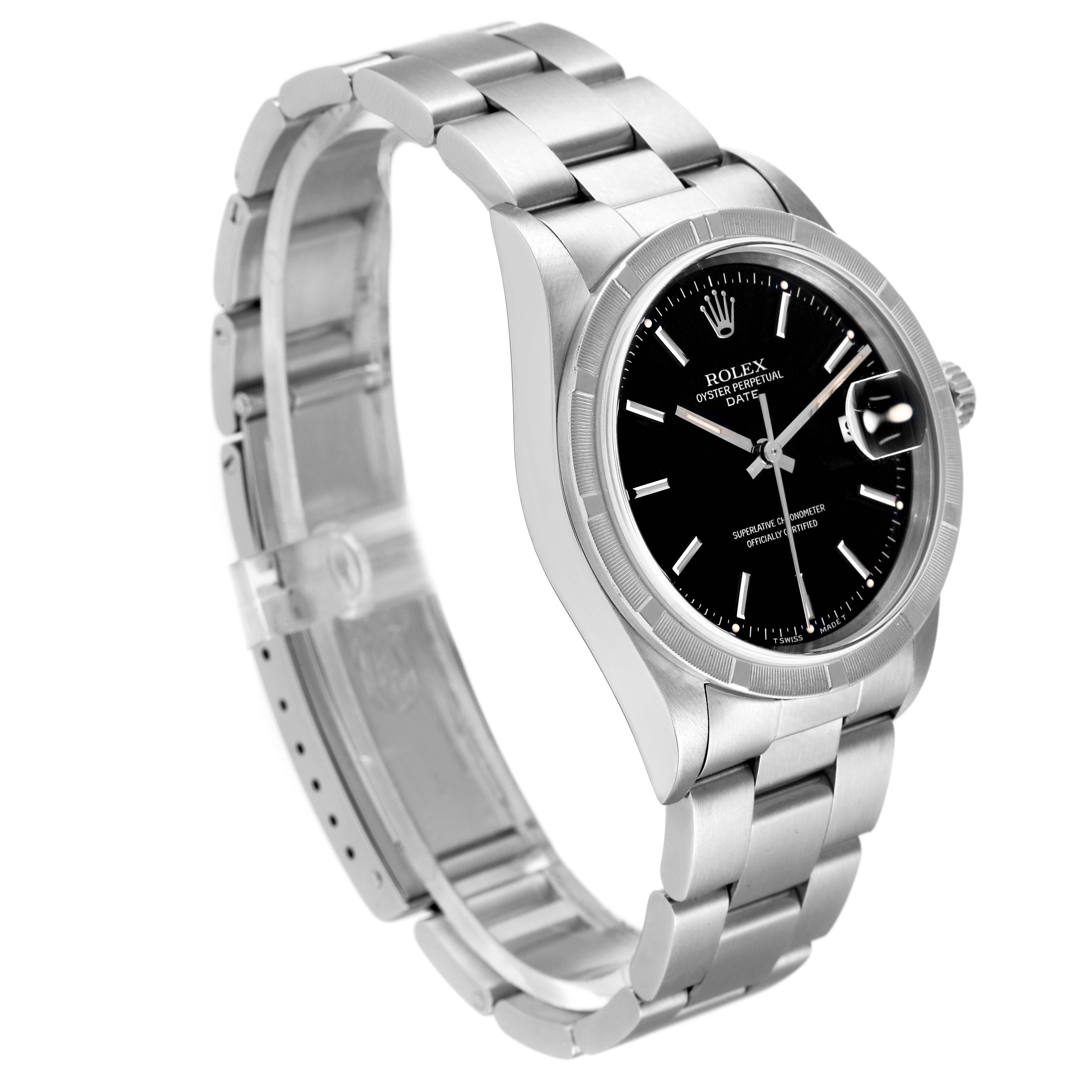 The image shows a side angle of a Rolex Date 15210 Men
s Stainless Steel Black Dial 15210 Men
s Stainless Steel Black Dial model watch, highlighting the stainless steel band, black dial, and date magnifier.