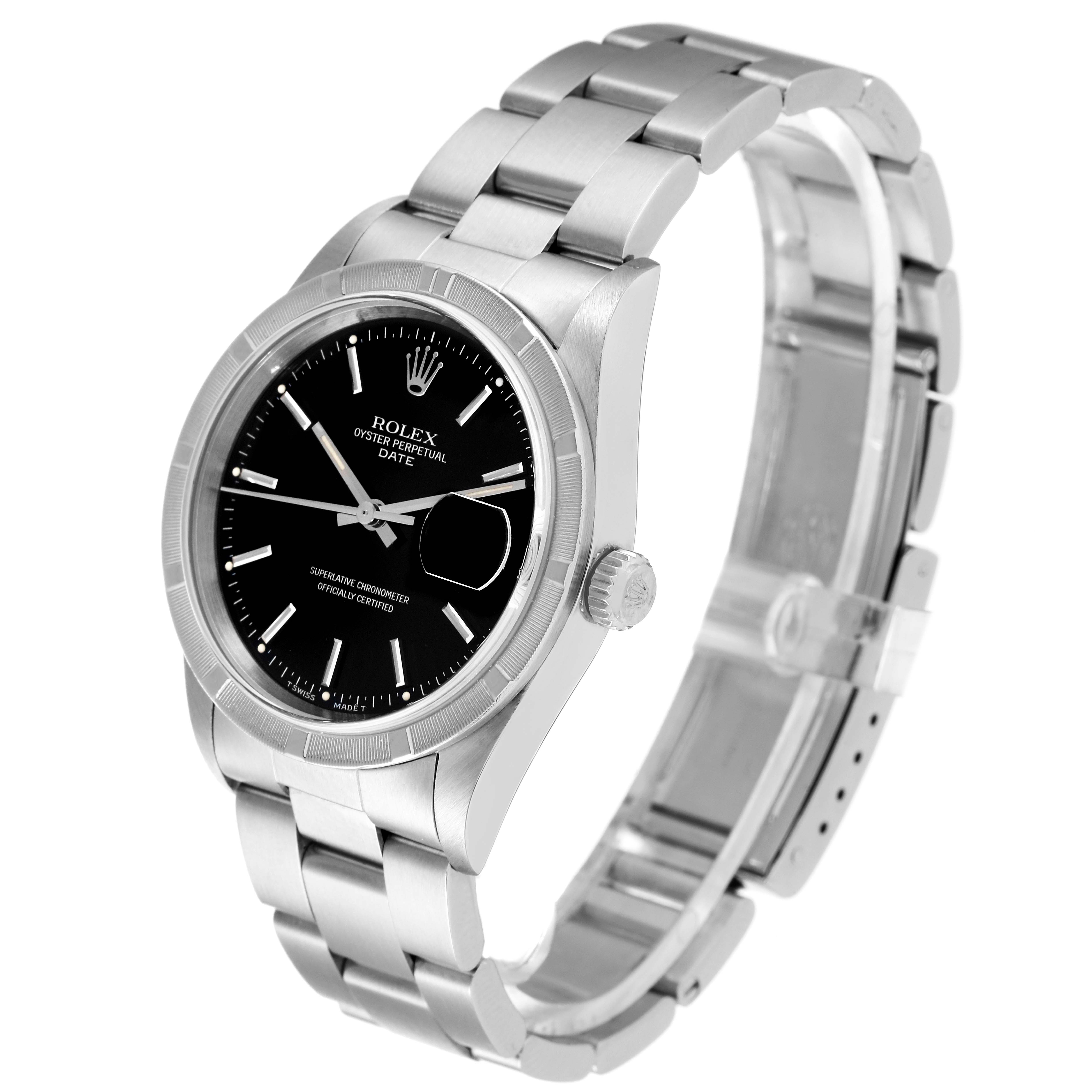 This Rolex Date 15210 Men
s Stainless Steel Black Dial 15210 Men
s Stainless Steel Black Dial model watch is displayed at a three-quarter angle, showing the case, dial, crown, bracelet, and clasp.