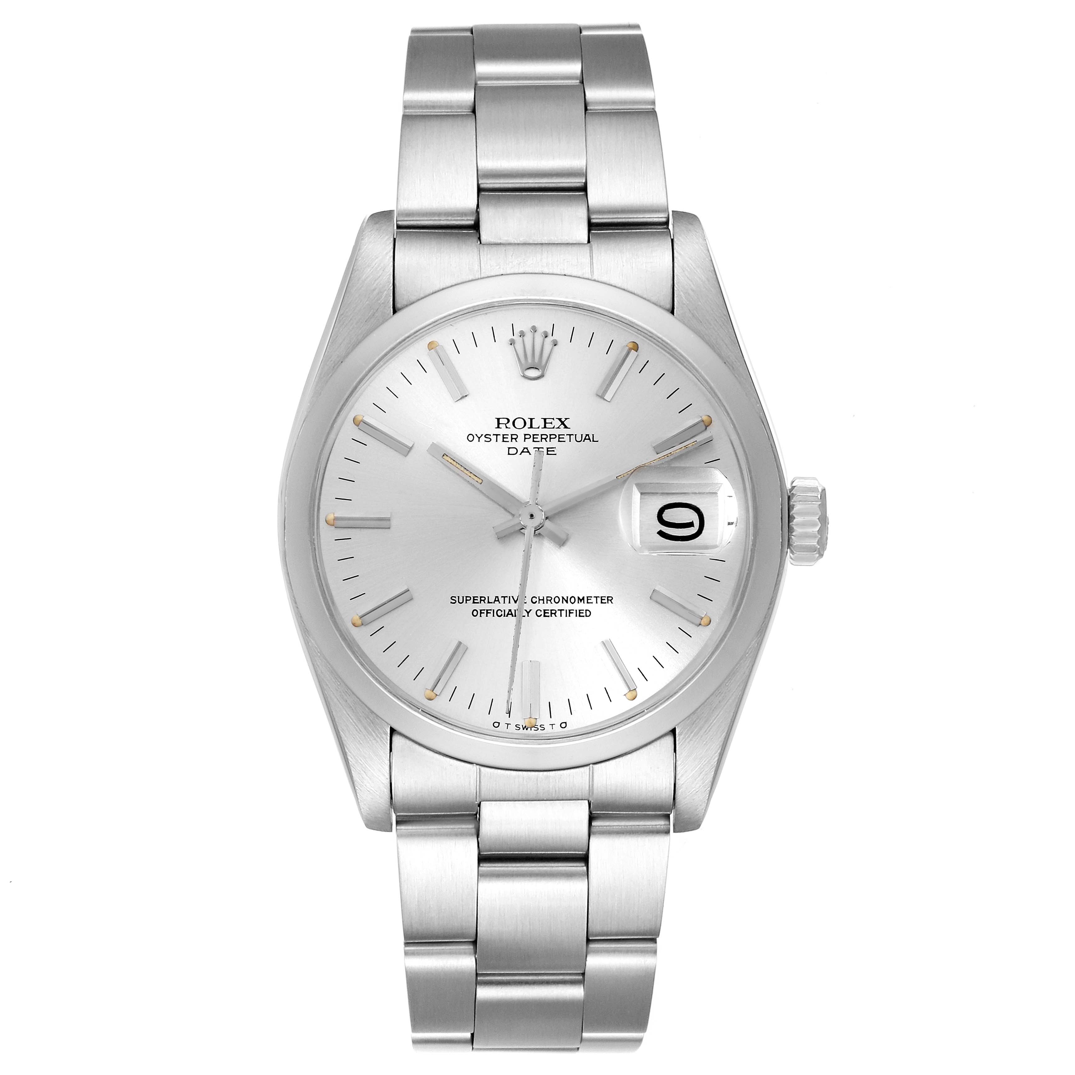 The image shows a front view of a Rolex Vintage Collection 1500 Men's Stainless Steel Silver Dial 1500 Men's Stainless Steel Silver Dial Oyster Perpetual Date watch, highlighting its dial, case, and bracelet.