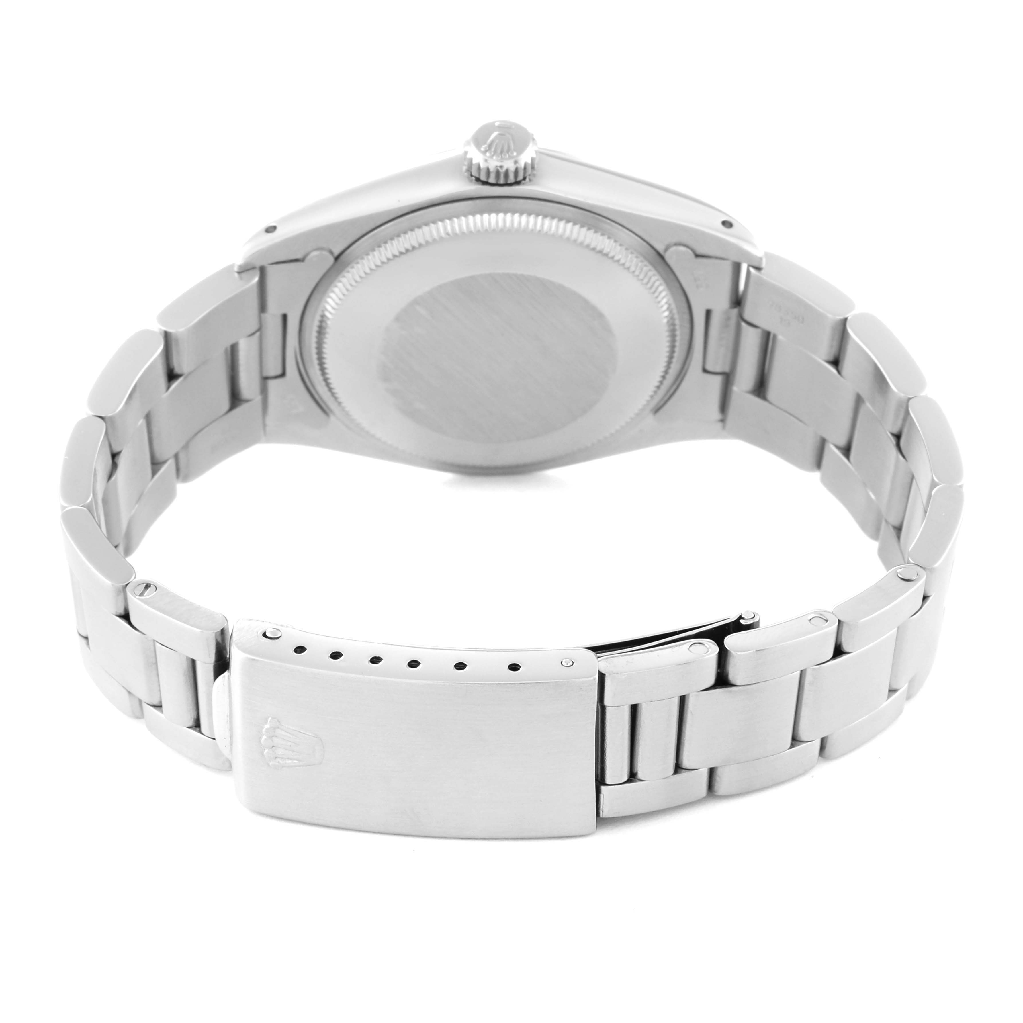 The image shows the back view of a Rolex Vintage Collection 1500 Men's Stainless Steel Silver Dial 1500 Men's Stainless Steel Silver Dial watch, highlighting its case back, crown, and bracelet with clasp.