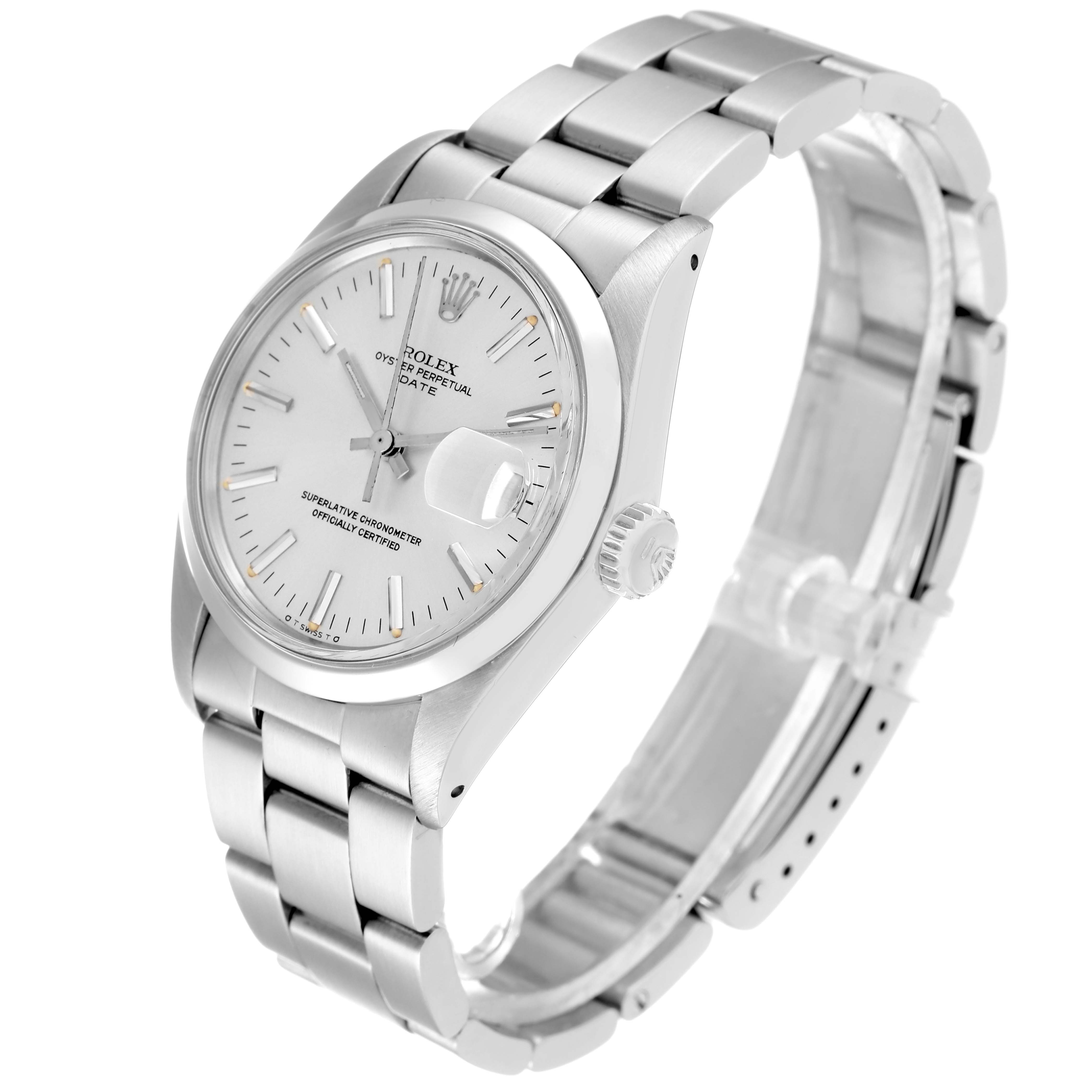 The image shows a Rolex Vintage Collection 1500 Men's Stainless Steel Silver Dial 1500 Men's Stainless Steel Silver Dial watch from a three-quarter angle, highlighting the dial, bezel, crown, and metal bracelet.