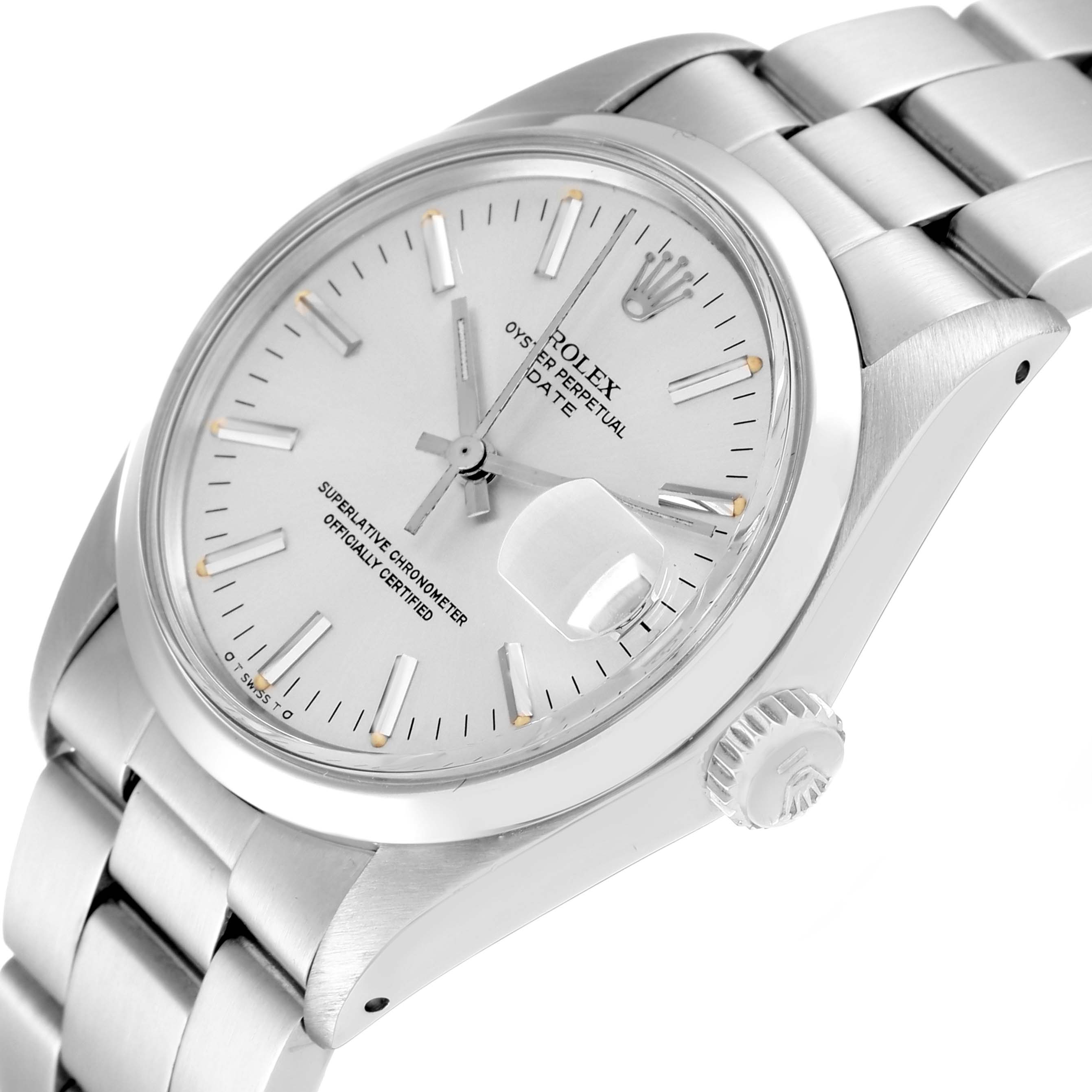 The Rolex Vintage Collection 1500 Men's Stainless Steel Silver Dial 1500 Men's Stainless Steel Silver Dial model is shown from a top angle, displaying the face, date magnifier, bezel, and part of the stainless steel band.
