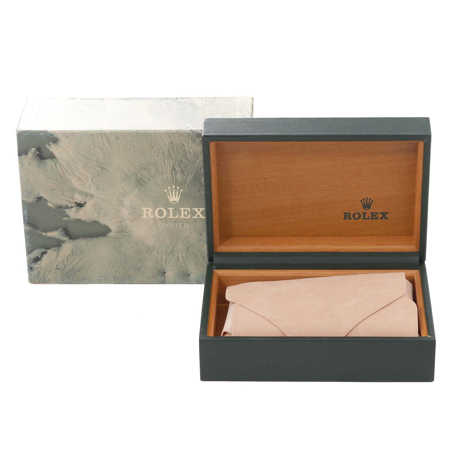 The image shows a Rolex Vintage Collection 15010 Men's Stainless Steel Silver Dial 15010 Men's Stainless Steel Silver Dial watch box and its outer packaging at an angle displaying the interior of the opened box.