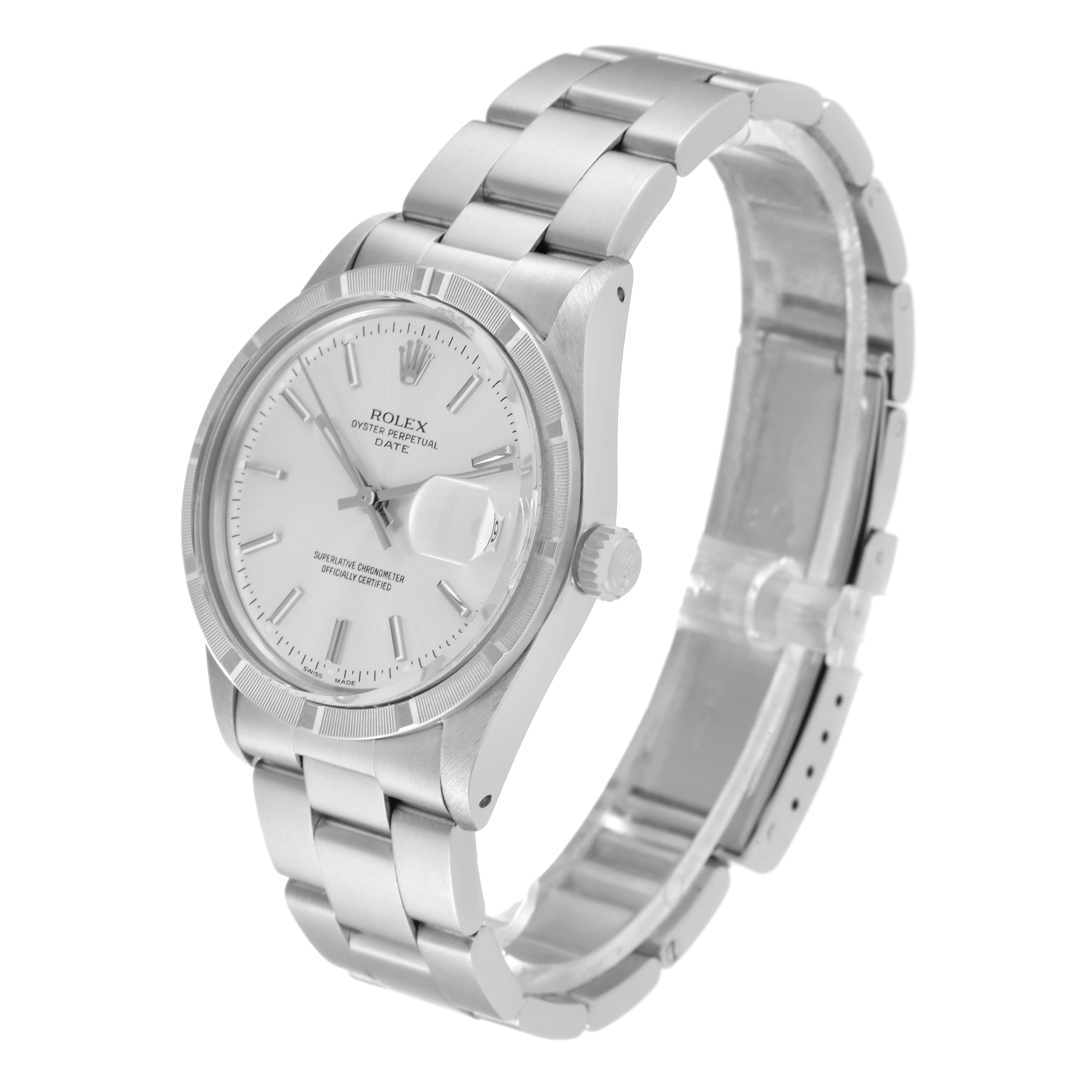 The image shows a Rolex Vintage Collection 15010 Men's Stainless Steel Silver Dial 15010 Men's Stainless Steel Silver Dial watch at an angled side view, highlighting the face, crown, and bracelet.