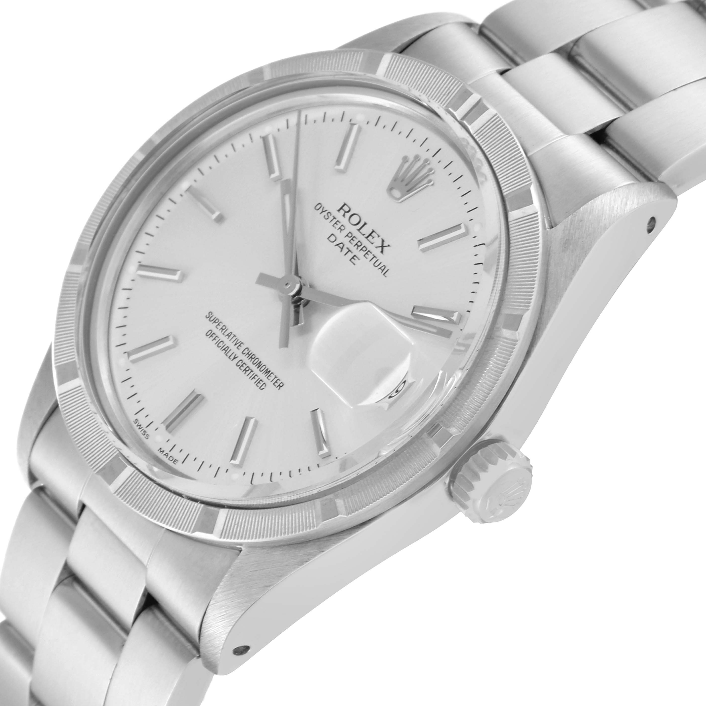 The image shows a side angle of the Rolex Vintage Collection 15010 Men's Stainless Steel Silver Dial 15010 Men's Stainless Steel Silver Dial Oyster Perpetual Date watch, highlighting the dial, bezel, crown, and bracelet.