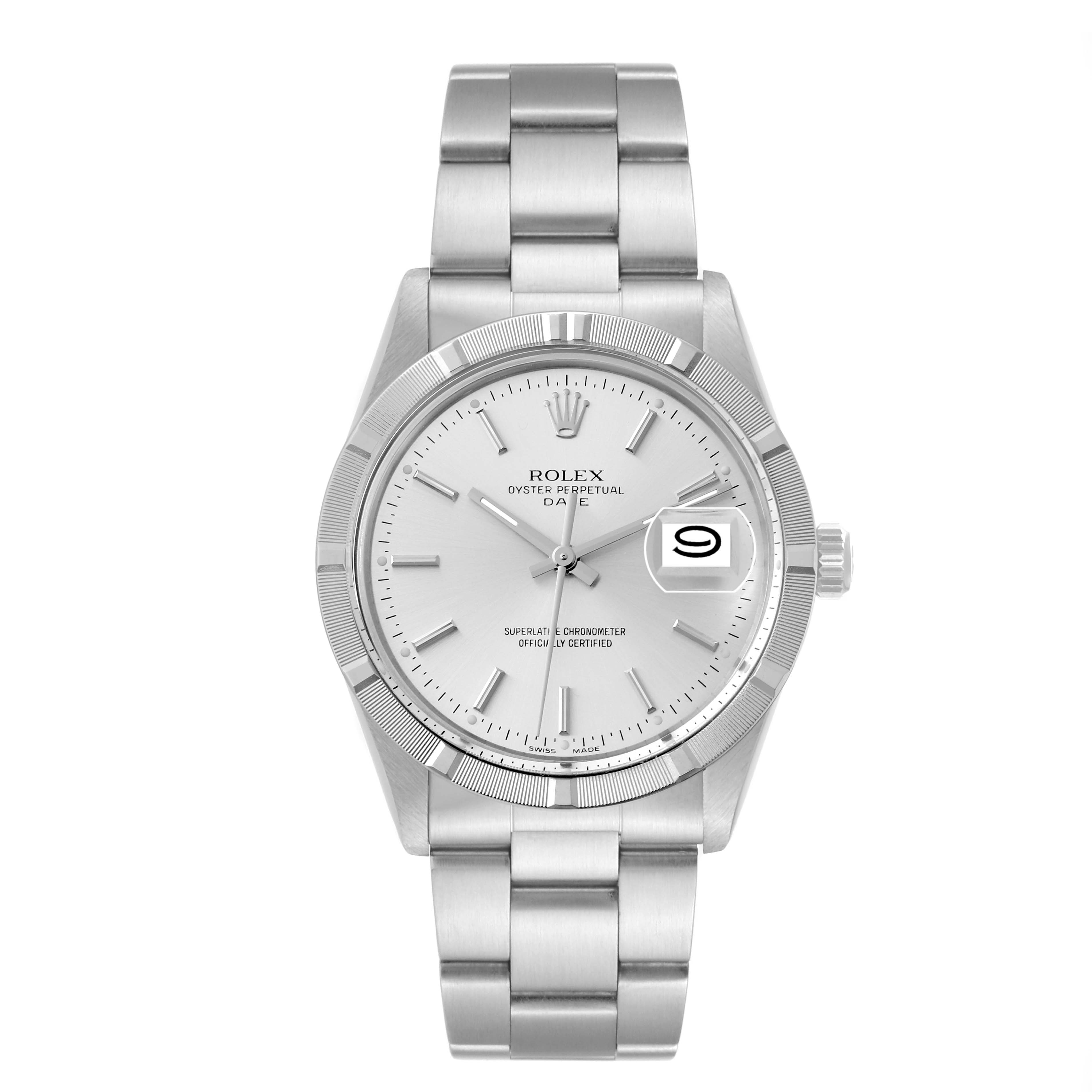 The image shows a front view of the Rolex Vintage Collection 15010 Men's Stainless Steel Silver Dial 15010 Men's Stainless Steel Silver Dial model watch, displaying the case, dial, bracelet, and date window.