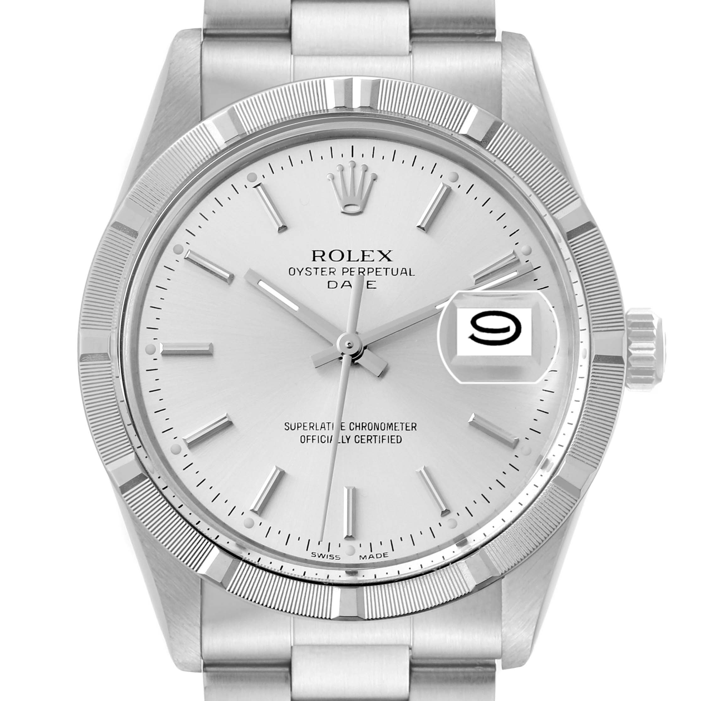 The Rolex Vintage Collection 15010 Men's Stainless Steel Silver Dial 15010 Men's Stainless Steel Silver Dial watch is shown from a front view, displaying the dial, hands, date window, and part of the bracelet.