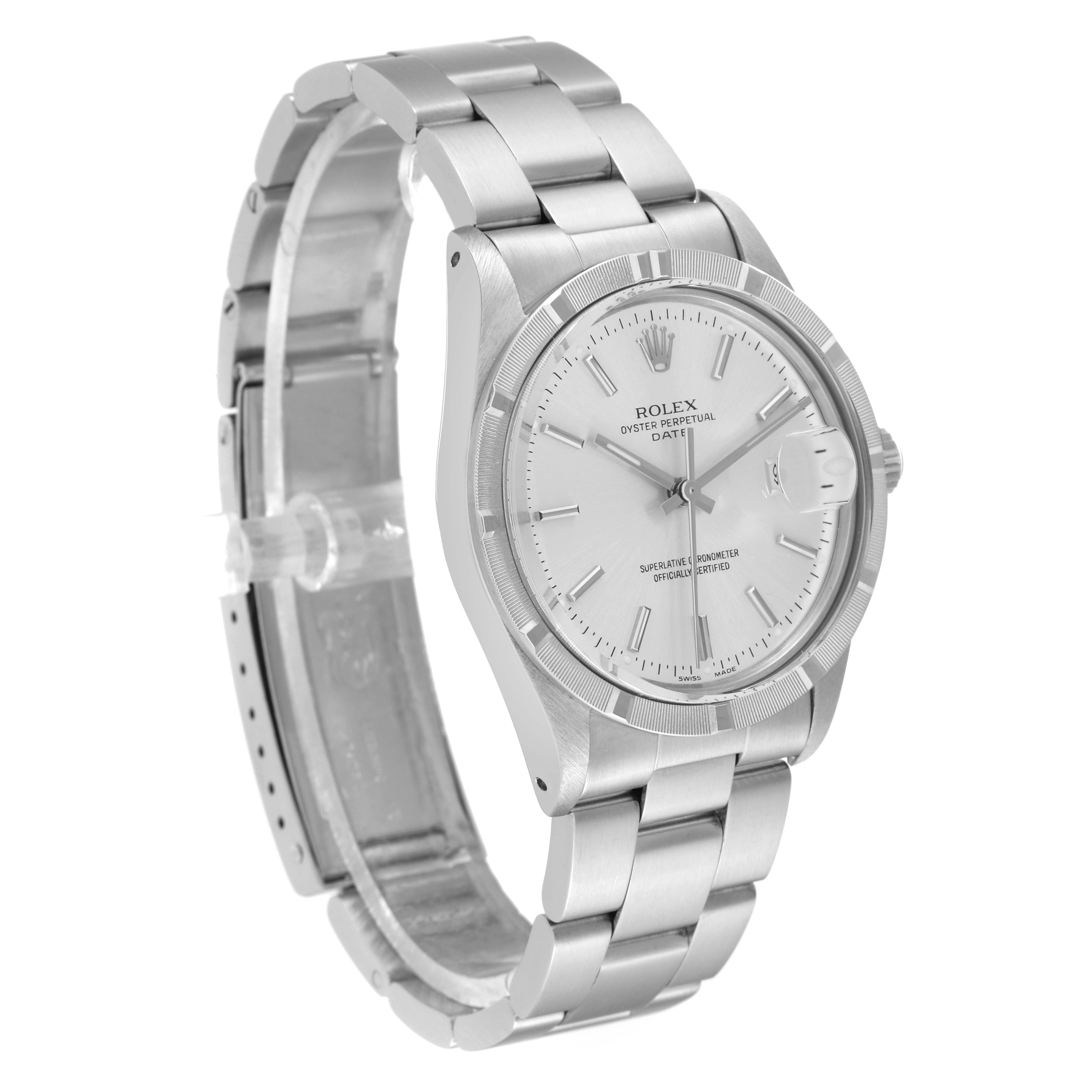 The image shows a side angle of the Rolex Vintage Collection 15010 Men's Stainless Steel Silver Dial 15010 Men's Stainless Steel Silver Dial watch, highlighting its silver bracelet and dial.