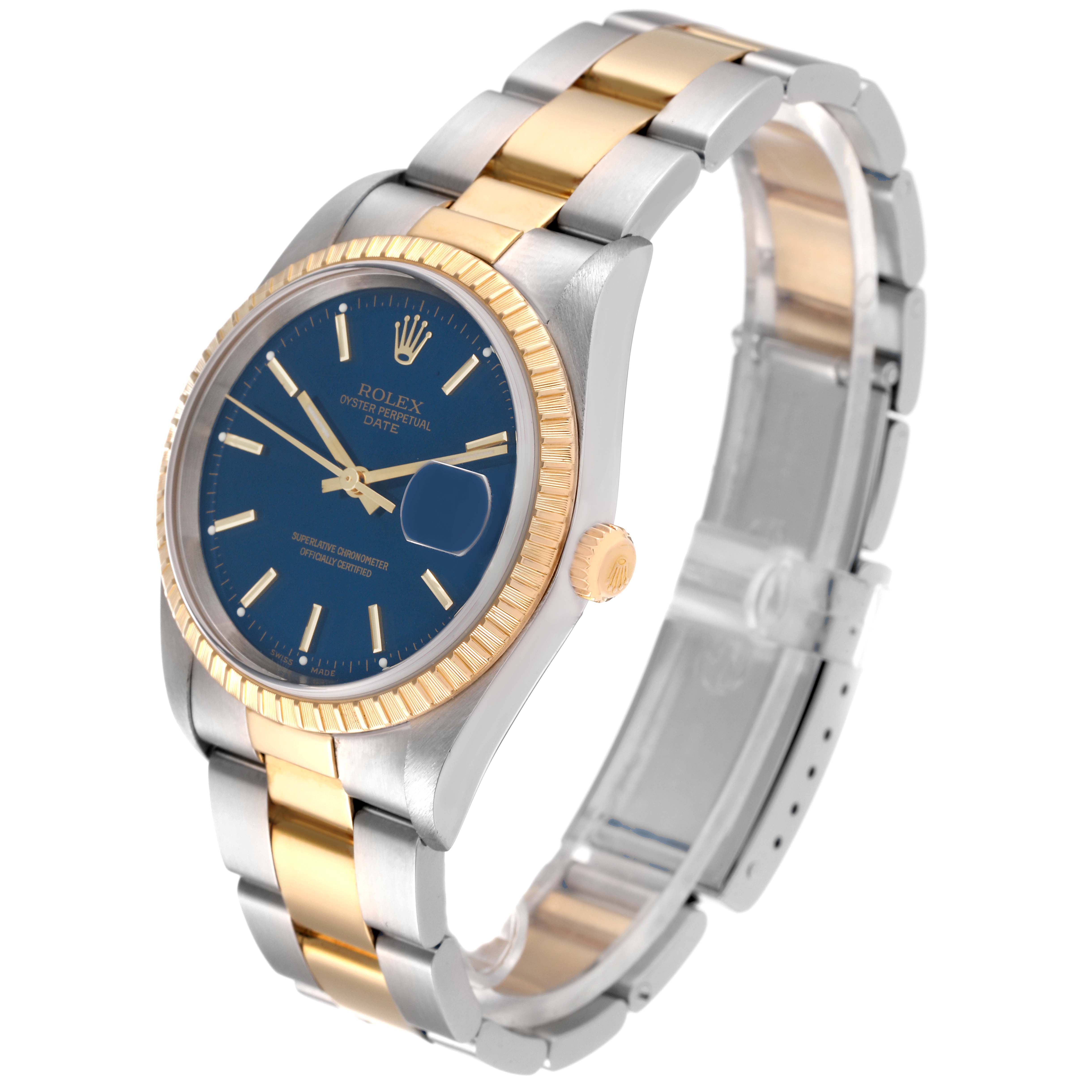 This image shows a side angle of a Rolex Date 15223 Men
s Steel and Gold (two tone) Blue Dial 15223 Men
s Steel and Gold (two tone) Blue Dial model watch, highlighting the dial, bezel, crown, and two-tone bracelet.