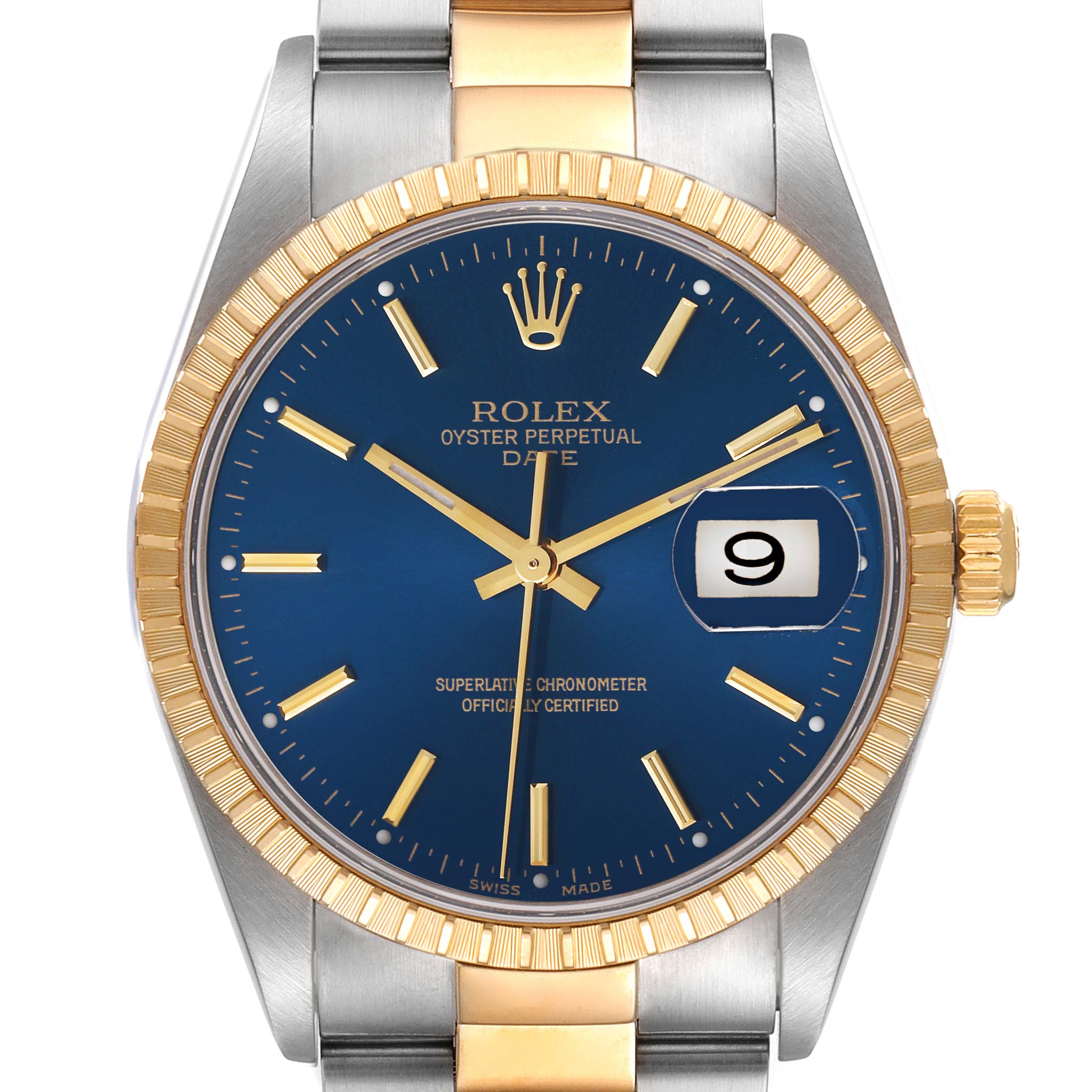 The image shows a front view of a Rolex Date 15223 Men
s Steel and Gold (two tone) Blue Dial 15223 Men
s Steel and Gold (two tone) Blue Dial model watch, highlighting its blue dial, gold hands, bezel, and date function.