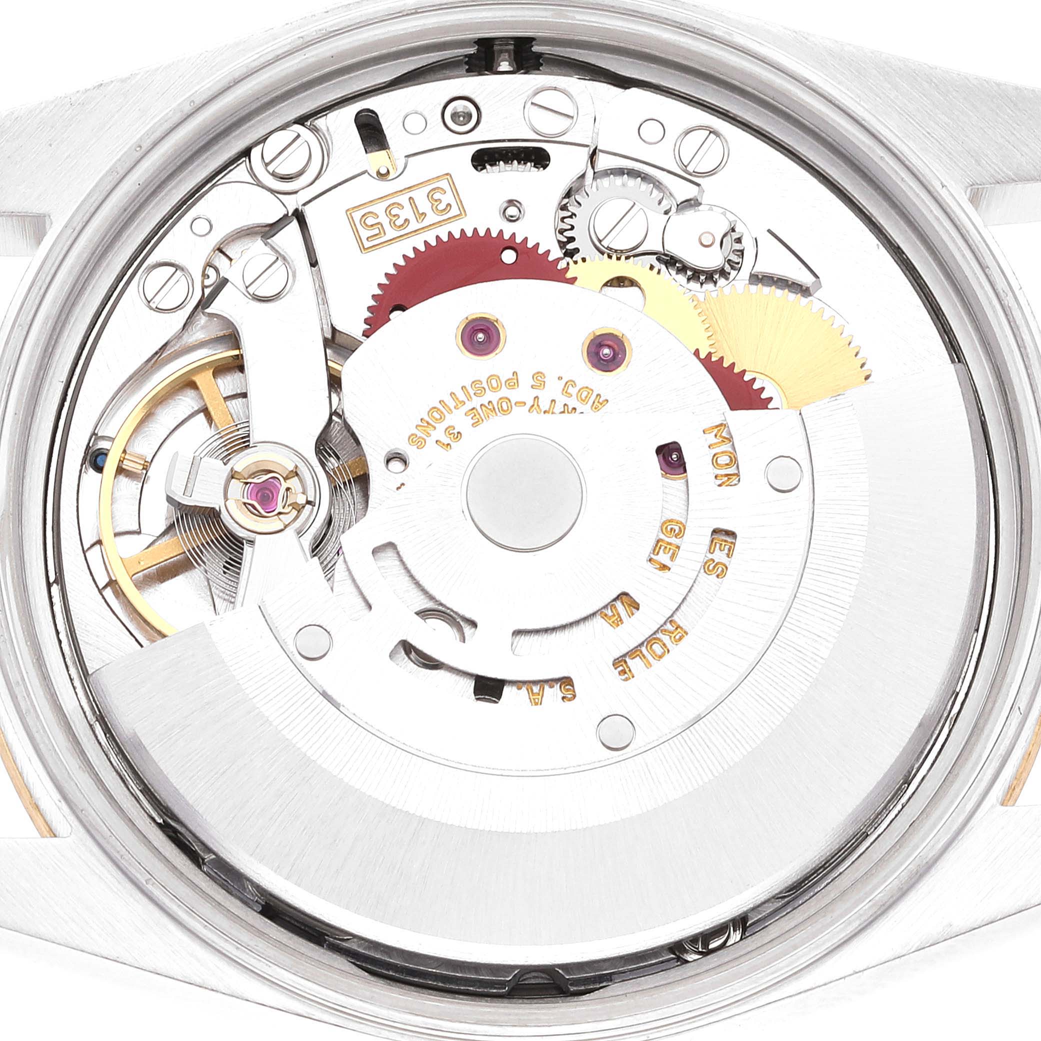 This image shows the internal mechanical movement of a Rolex Date 15223 Men
s Steel and Gold (two tone) Blue Dial 15223 Men
s Steel and Gold (two tone) Blue Dial watch, viewed from the back.