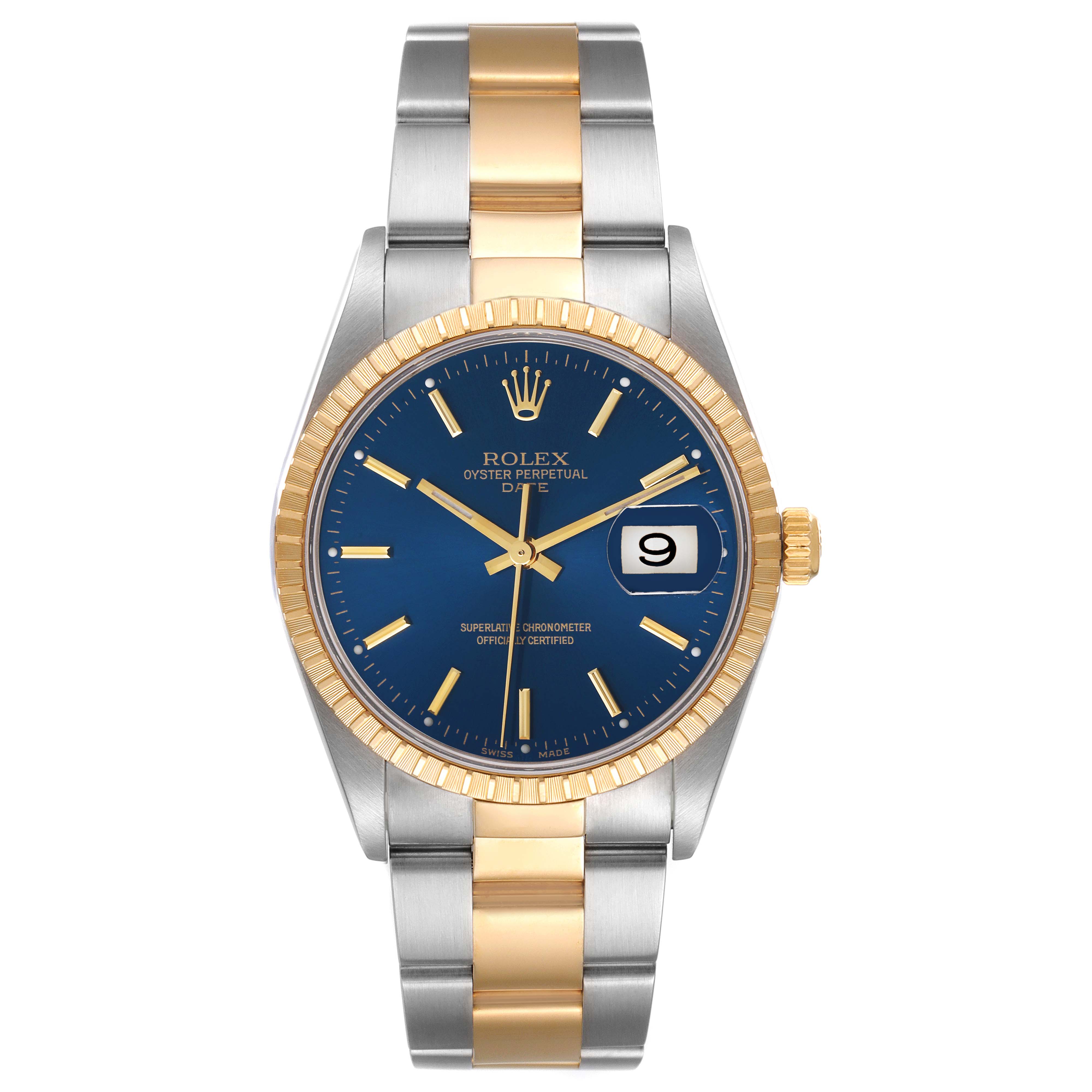 The image shows a frontal view of a Rolex Date 15223 Men
s Steel and Gold (two tone) Blue Dial 15223 Men
s Steel and Gold (two tone) Blue Dial watch, featuring its blue dial, gold fluted bezel, and two-tone metal bracelet.