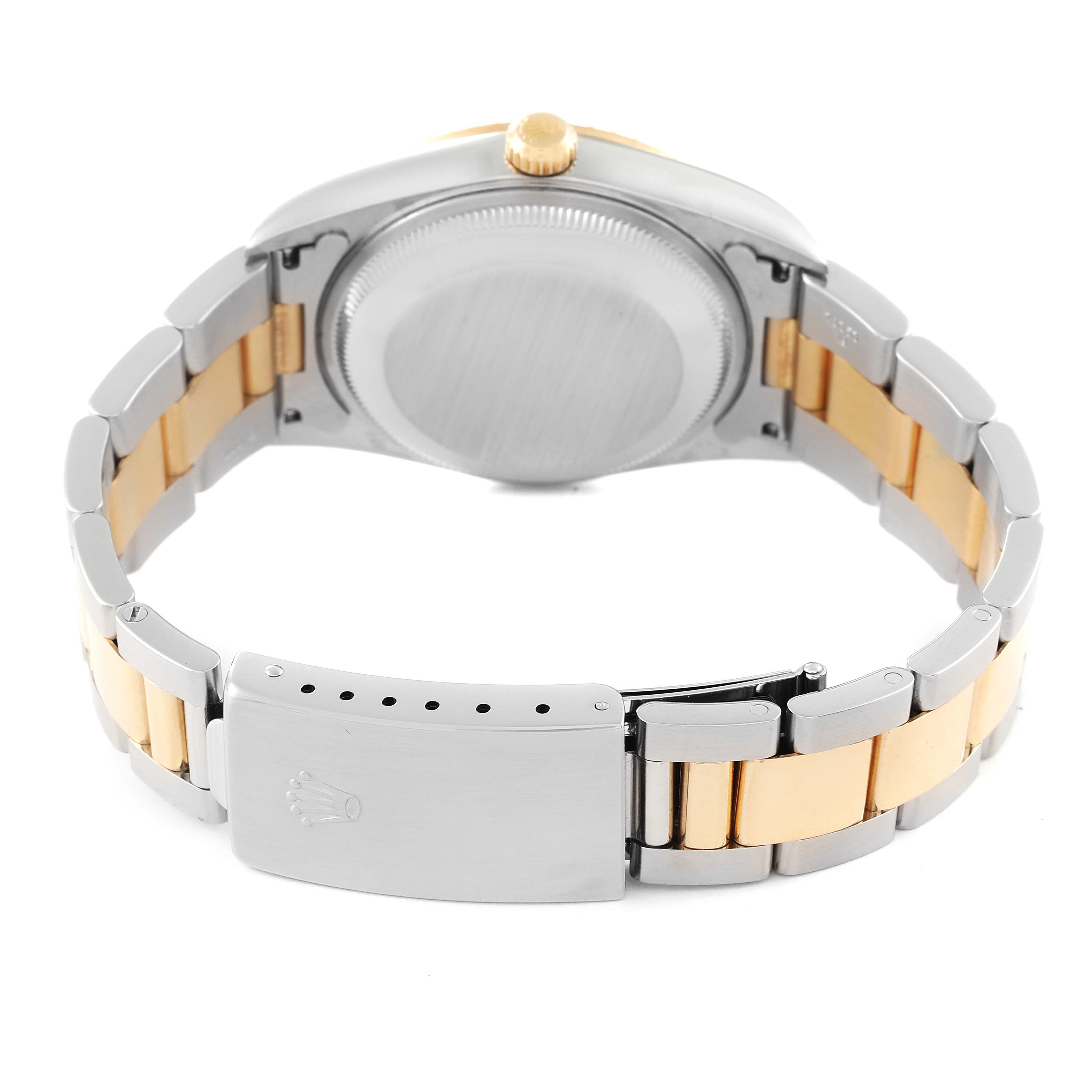 This image shows the back of the Rolex Date 15223 Men
s Steel and Gold (two tone) Blue Dial 15223 Men
s Steel and Gold (two tone) Blue Dial model watch, displaying the clasp, bracelet, and case back.