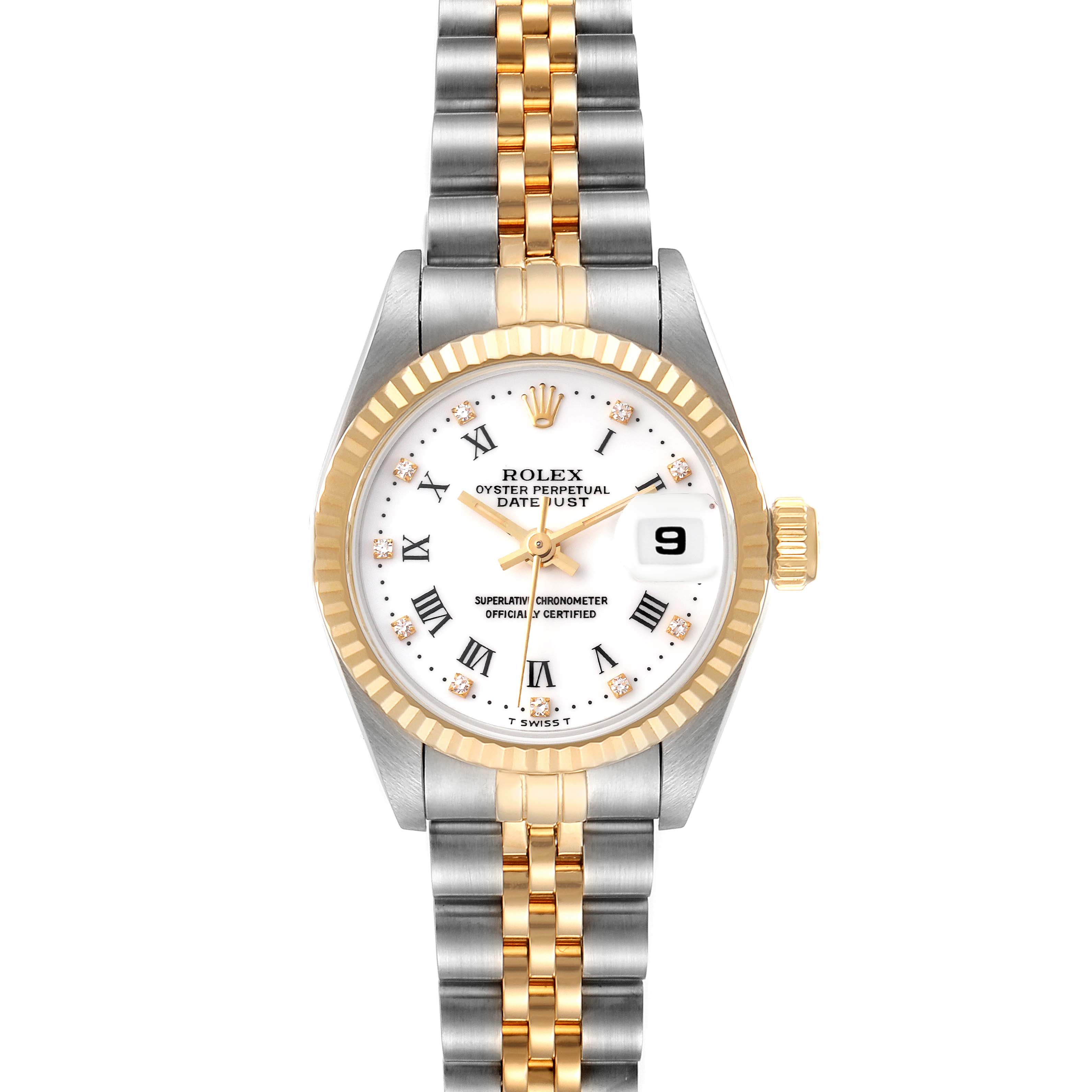 The image shows a front view of a Rolex Datejust 69173 Women's Steel and Gold (two tone) White Dial 69173 Women's Steel and Gold (two tone) White Dial watch, featuring a white dial, Roman numeral hour markers, and a two-tone bracelet.
