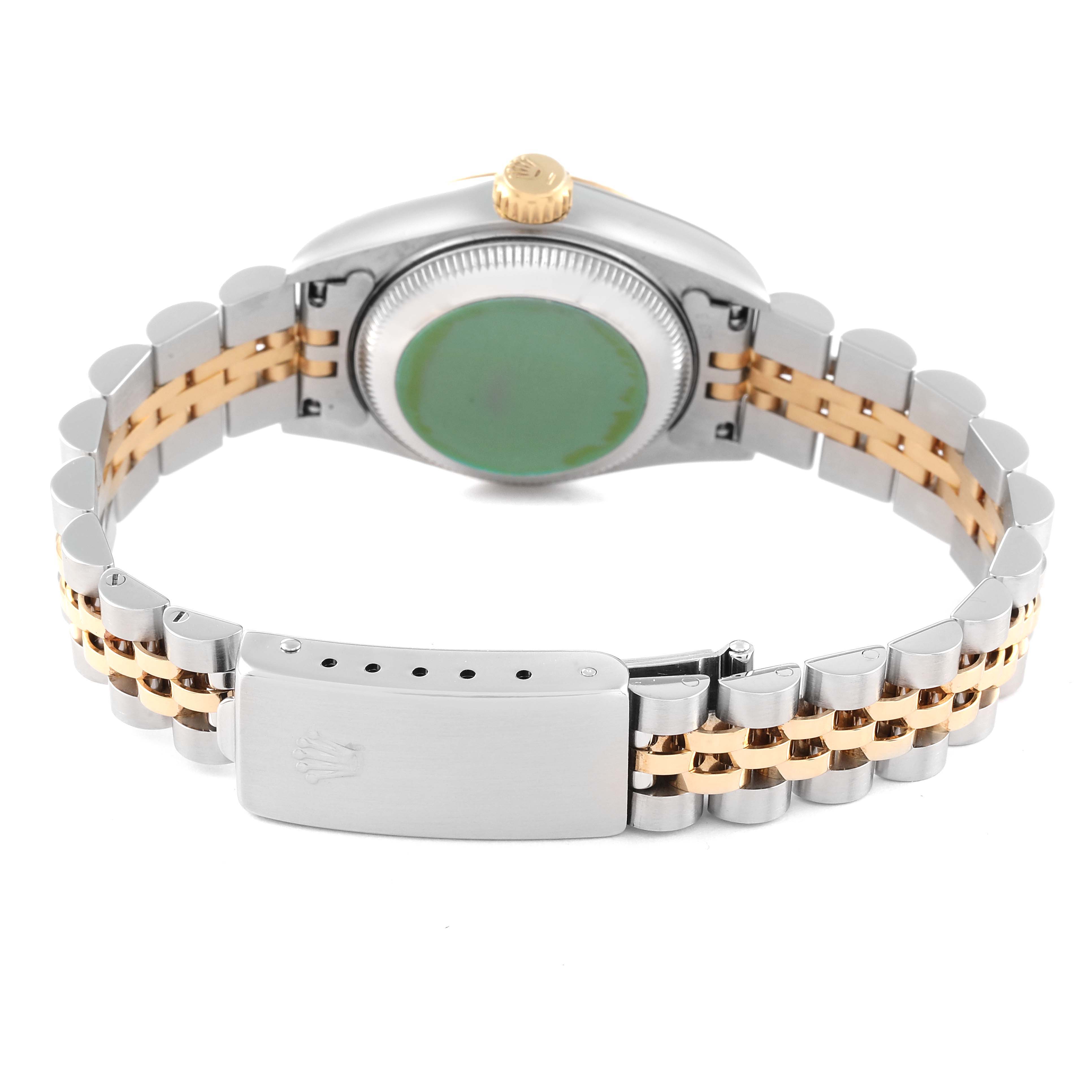 This is a rear view of a Rolex Datejust 69173 Women's Steel and Gold (two tone) White Dial 69173 Women's Steel and Gold (two tone) White Dial watch showing the case back, crown, and two-tone metal bracelet with the clasp.