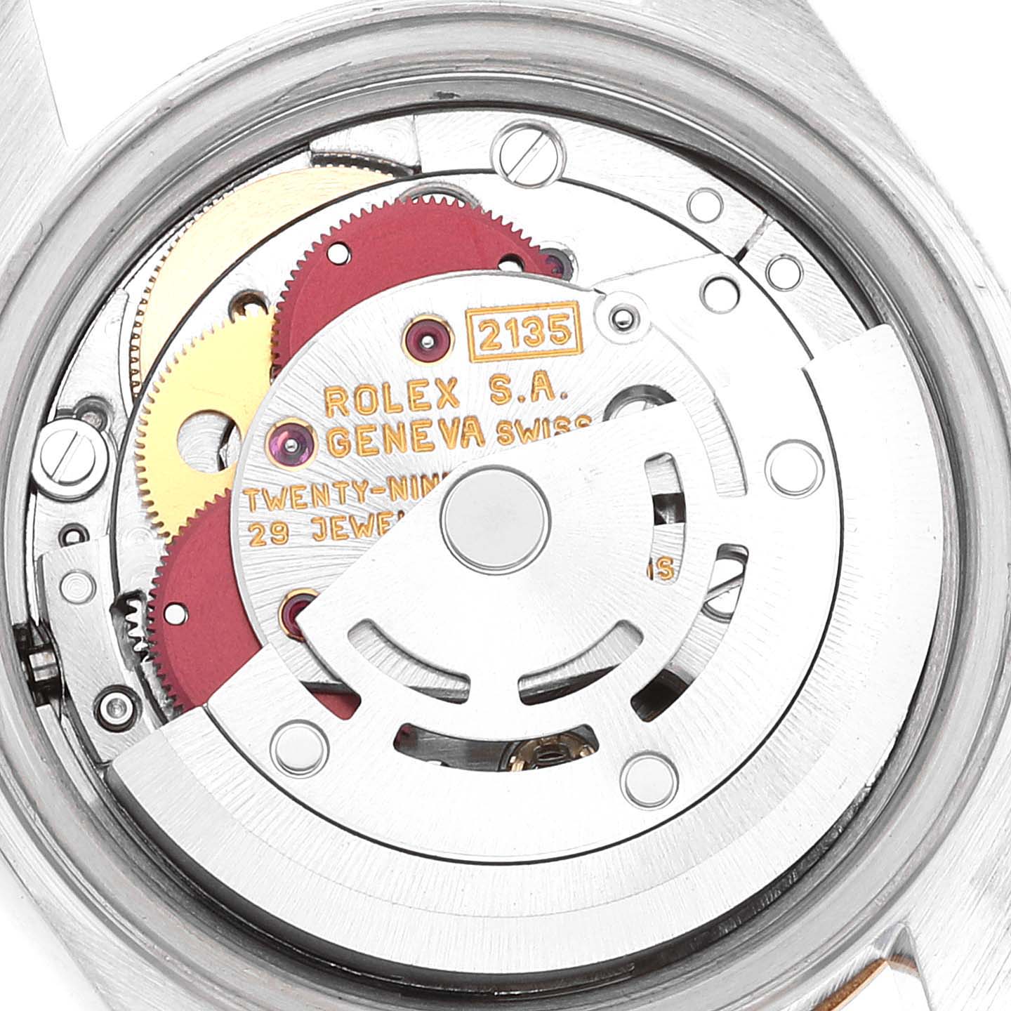 The image shows the internal movement mechanism of a Rolex Datejust 69173 Women's Steel and Gold (two tone) White Dial 69173 Women's Steel and Gold (two tone) White Dial watch viewed from the back.