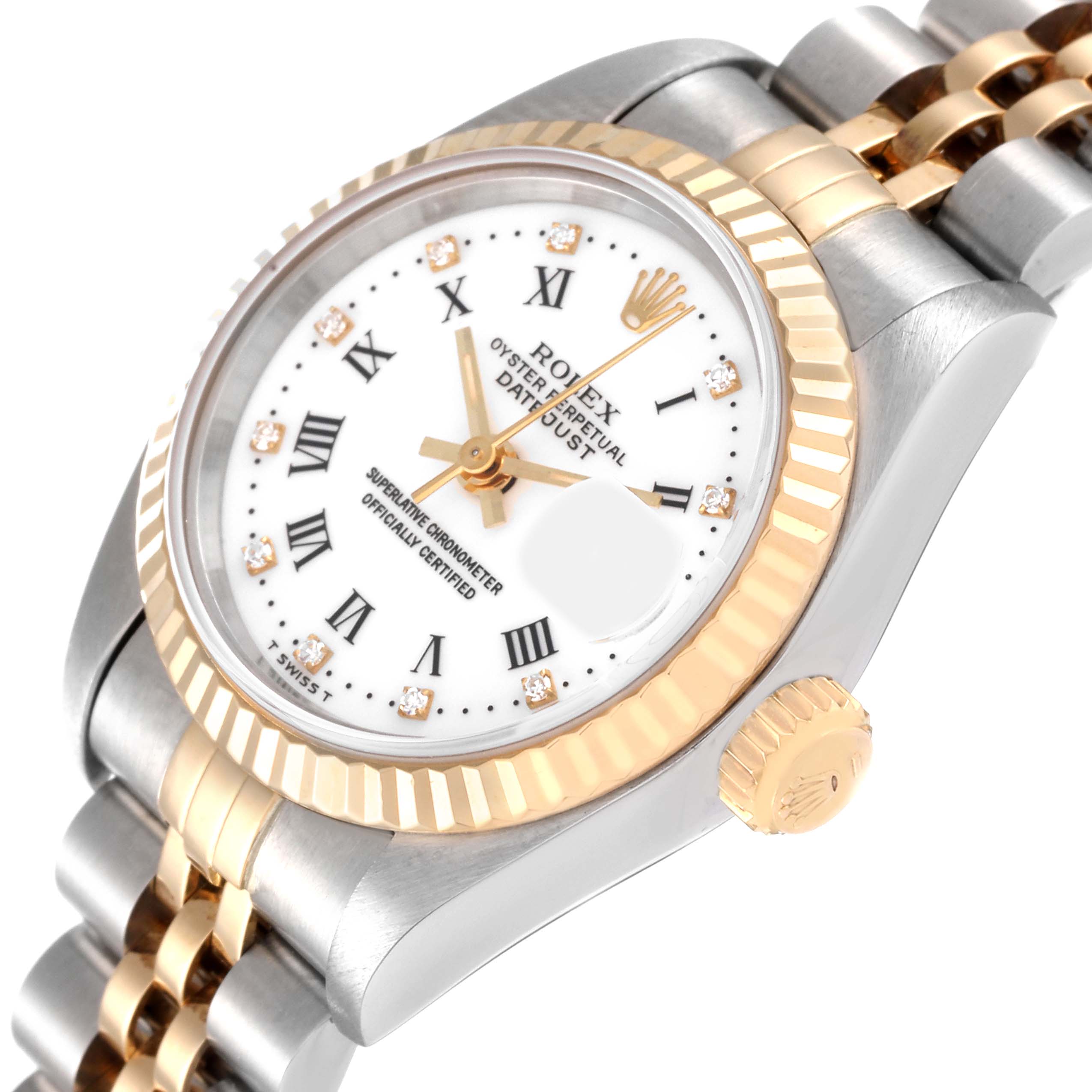 The image shows a close-up of the Rolex Datejust 69173 Women's Steel and Gold (two tone) White Dial 69173 Women's Steel and Gold (two tone) White Dial watch at an angle highlighting the dial, bezel, crown, and part of the bracelet.