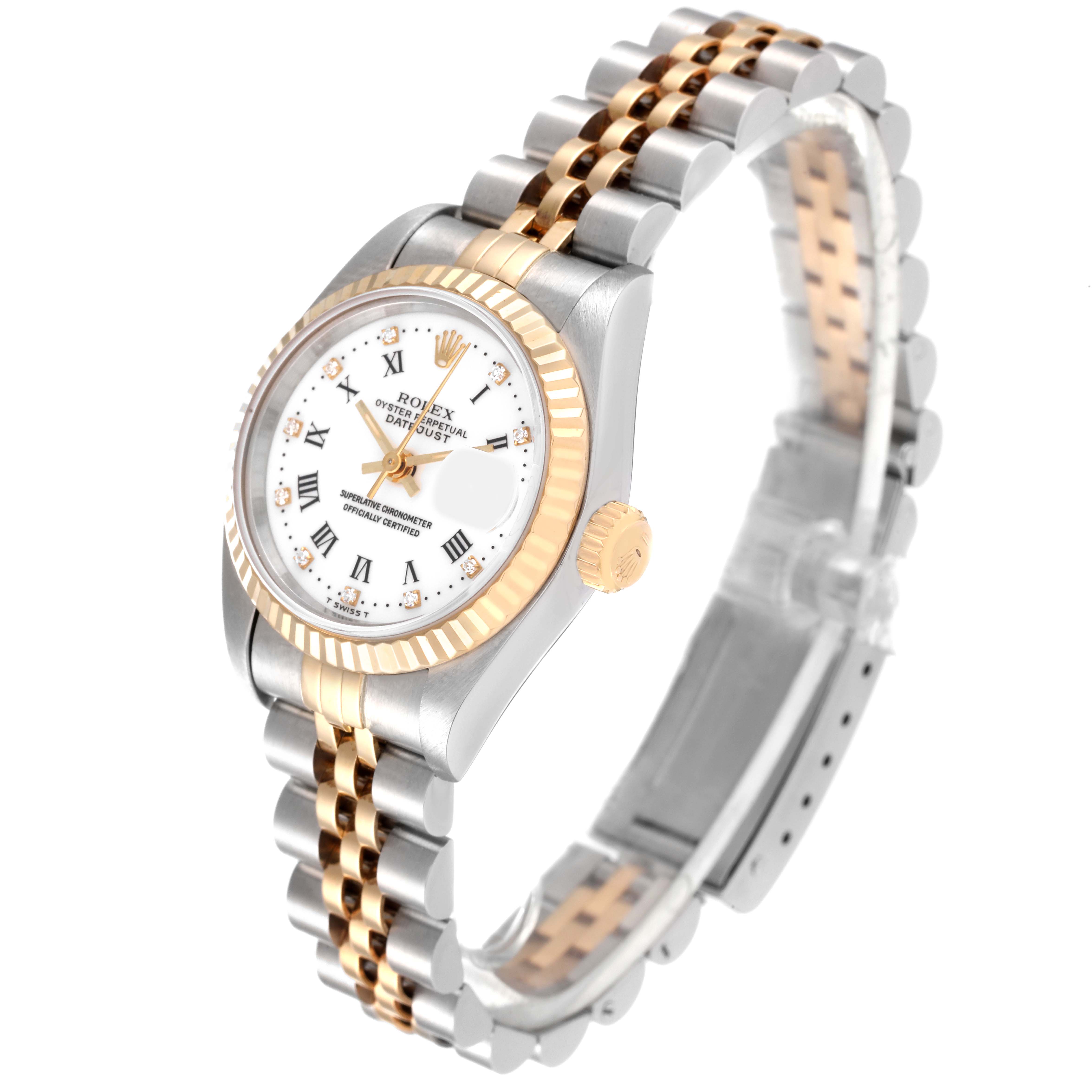 The Rolex Datejust 69173 Women's Steel and Gold (two tone) White Dial 69173 Women's Steel and Gold (two tone) White Dial watch is shown at a slight angle displaying its dial, bezel, and two-tone band.
