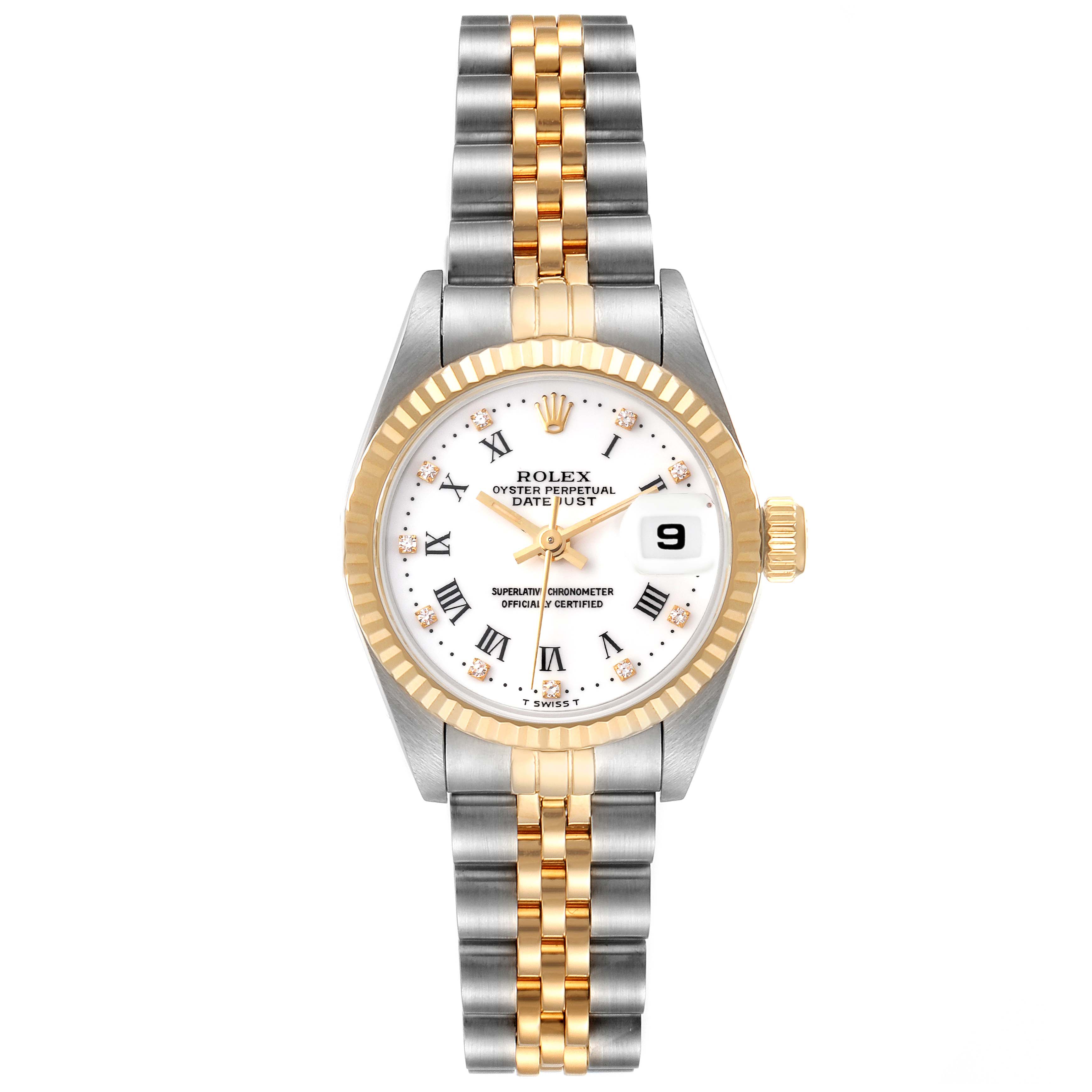The image shows a frontal view of a Rolex Datejust 69173 Women's Steel and Gold (two tone) White Dial 69173 Women's Steel and Gold (two tone) White Dial watch, highlighting its face, bezel, bracelet, and crown.