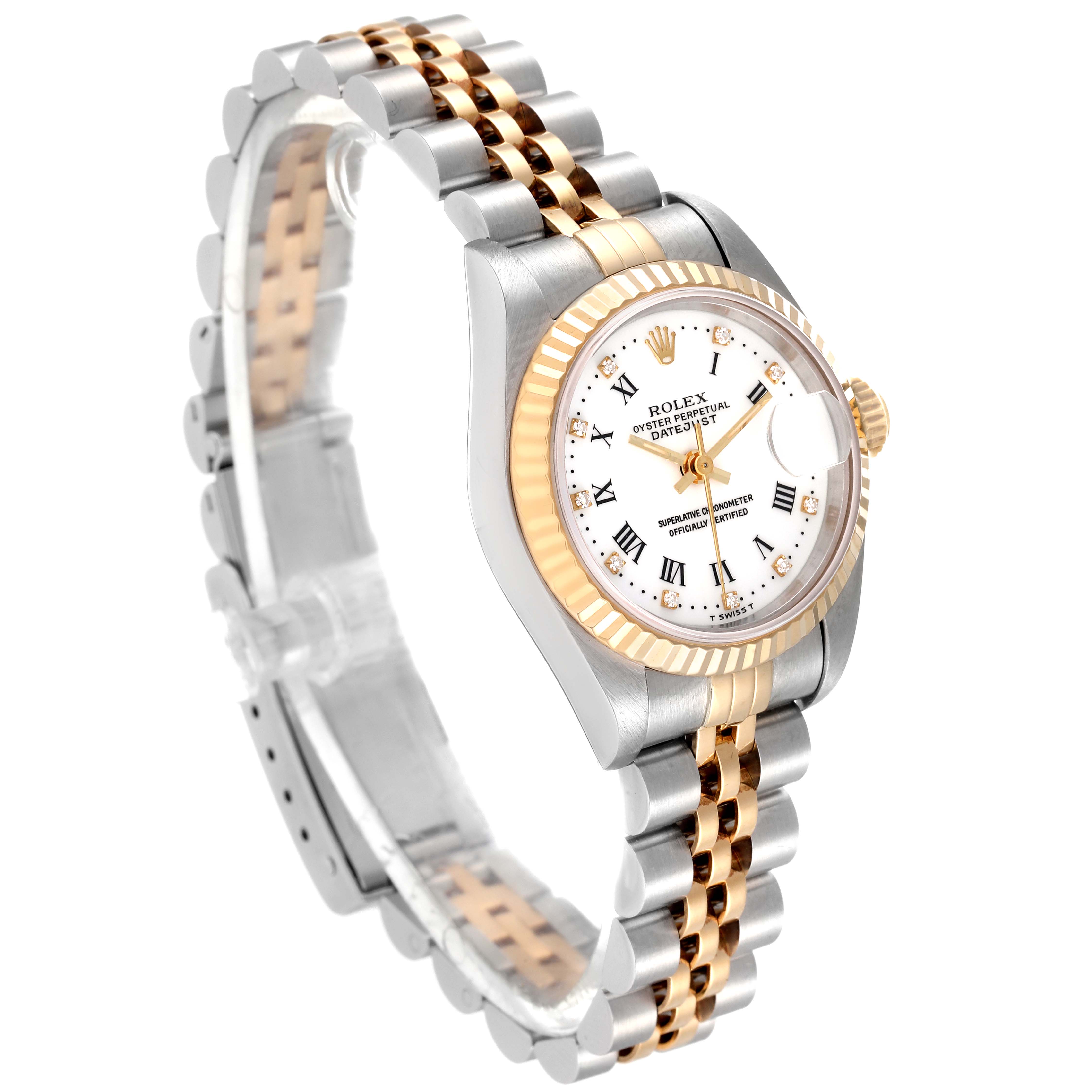 The image shows a side angle of a Rolex Datejust 69173 Women's Steel and Gold (two tone) White Dial 69173 Women's Steel and Gold (two tone) White Dial watch, highlighting its two-tone metal strap and white dial.