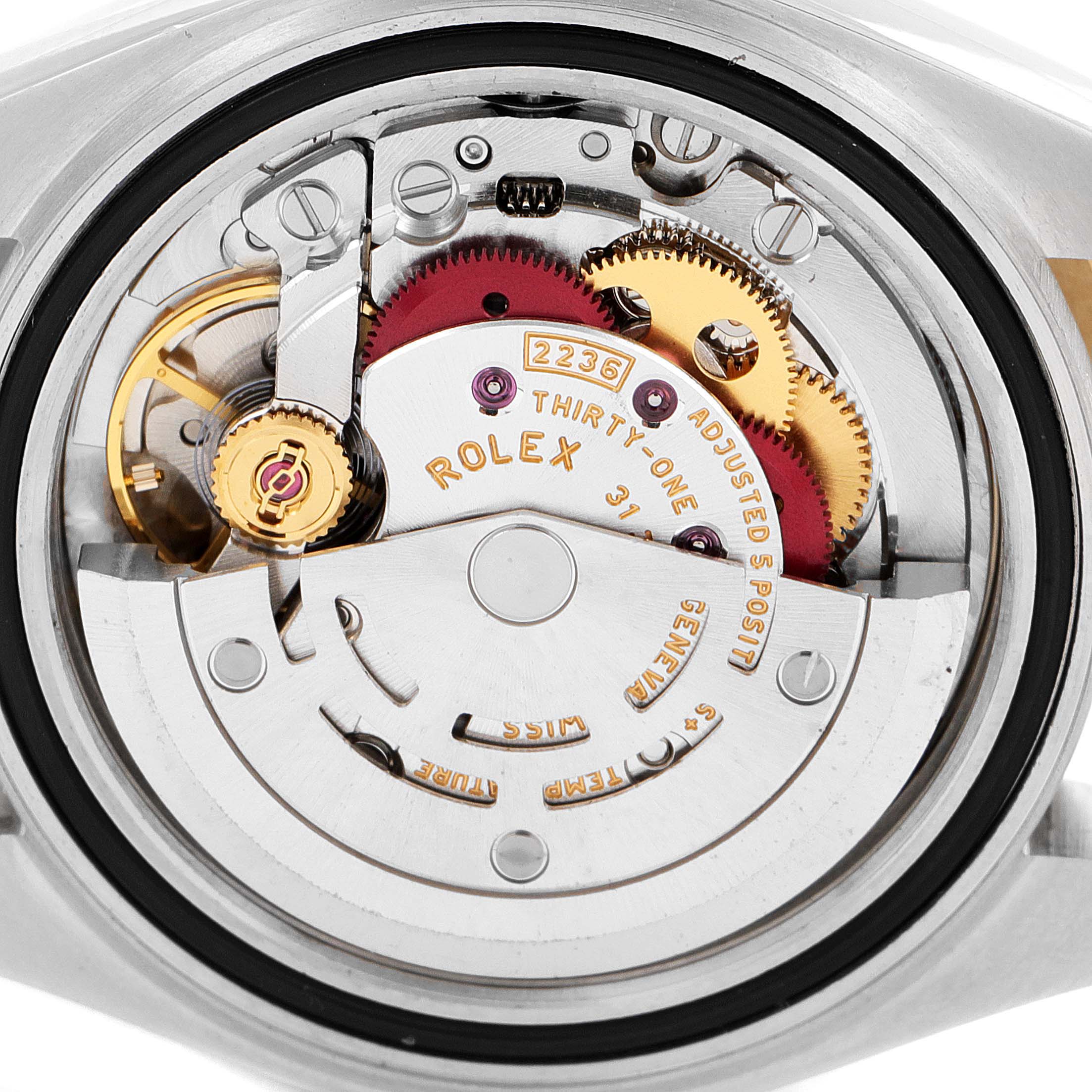 The image shows the internal movement mechanism of a Rolex Datejust 279383 Women's Steel and Gold (two tone) Purple Dial 279383 Women's Steel and Gold (two tone) Purple Dial watch from a rear angle.