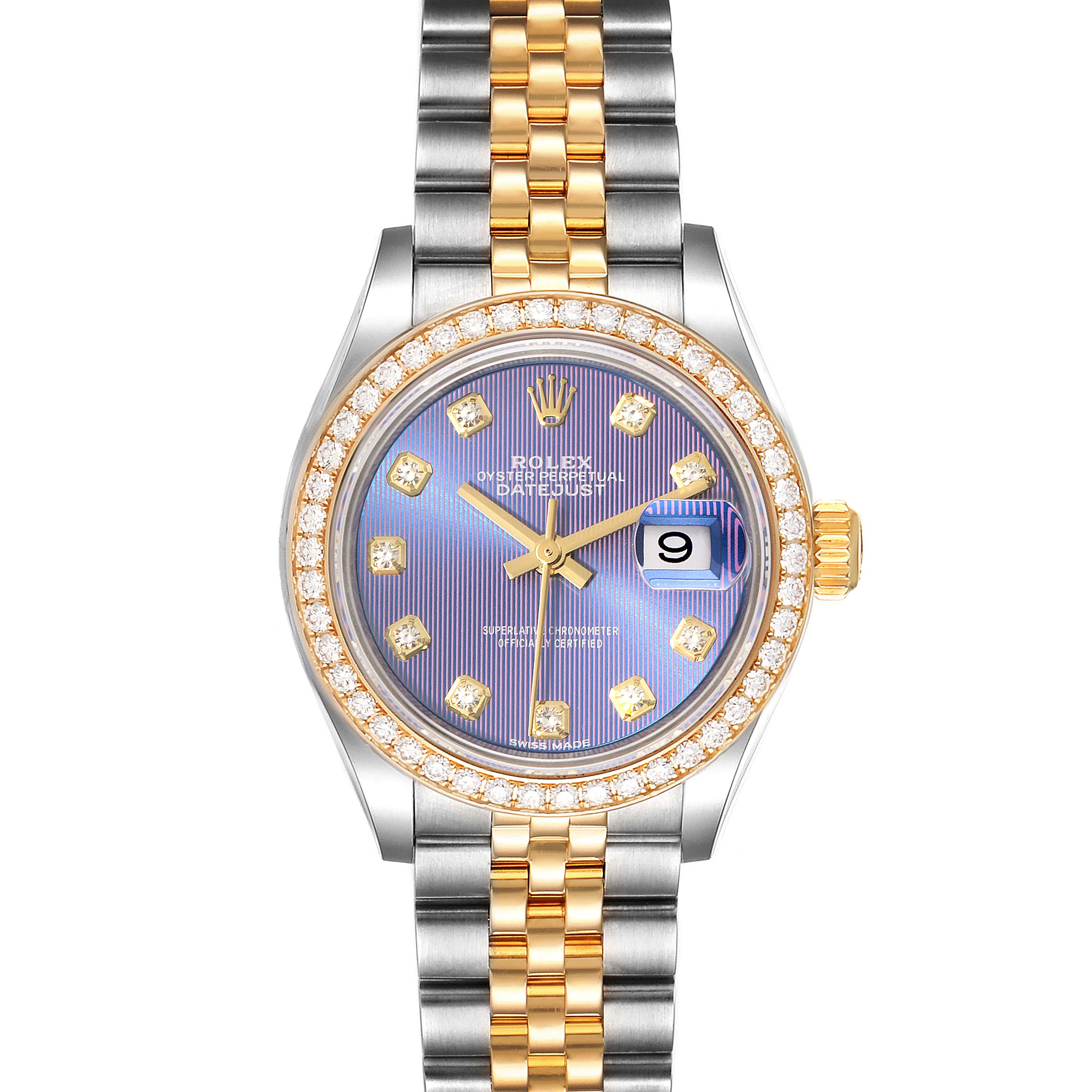 The image shows a front view of a Rolex Datejust 279383 Women's Steel and Gold (two tone) Purple Dial 279383 Women's Steel and Gold (two tone) Purple Dial watch featuring a two-tone bracelet, diamond-set bezel, and blue dial with date display.