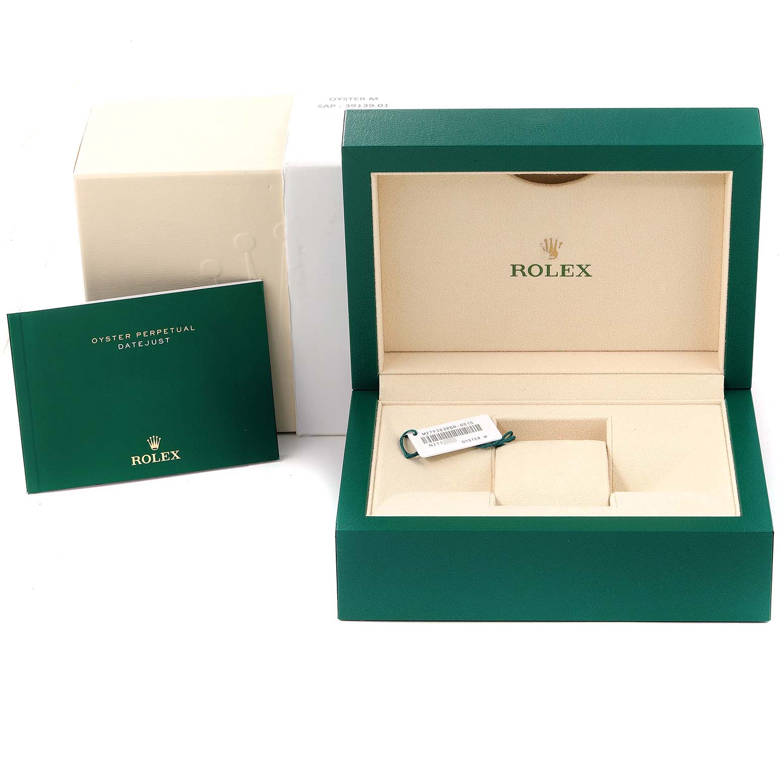 The image shows an open Rolex Datejust 279383 Women's Steel and Gold (two tone) Purple Dial 279383 Women's Steel and Gold (two tone) Purple Dial watch box, manual, and associated packaging.