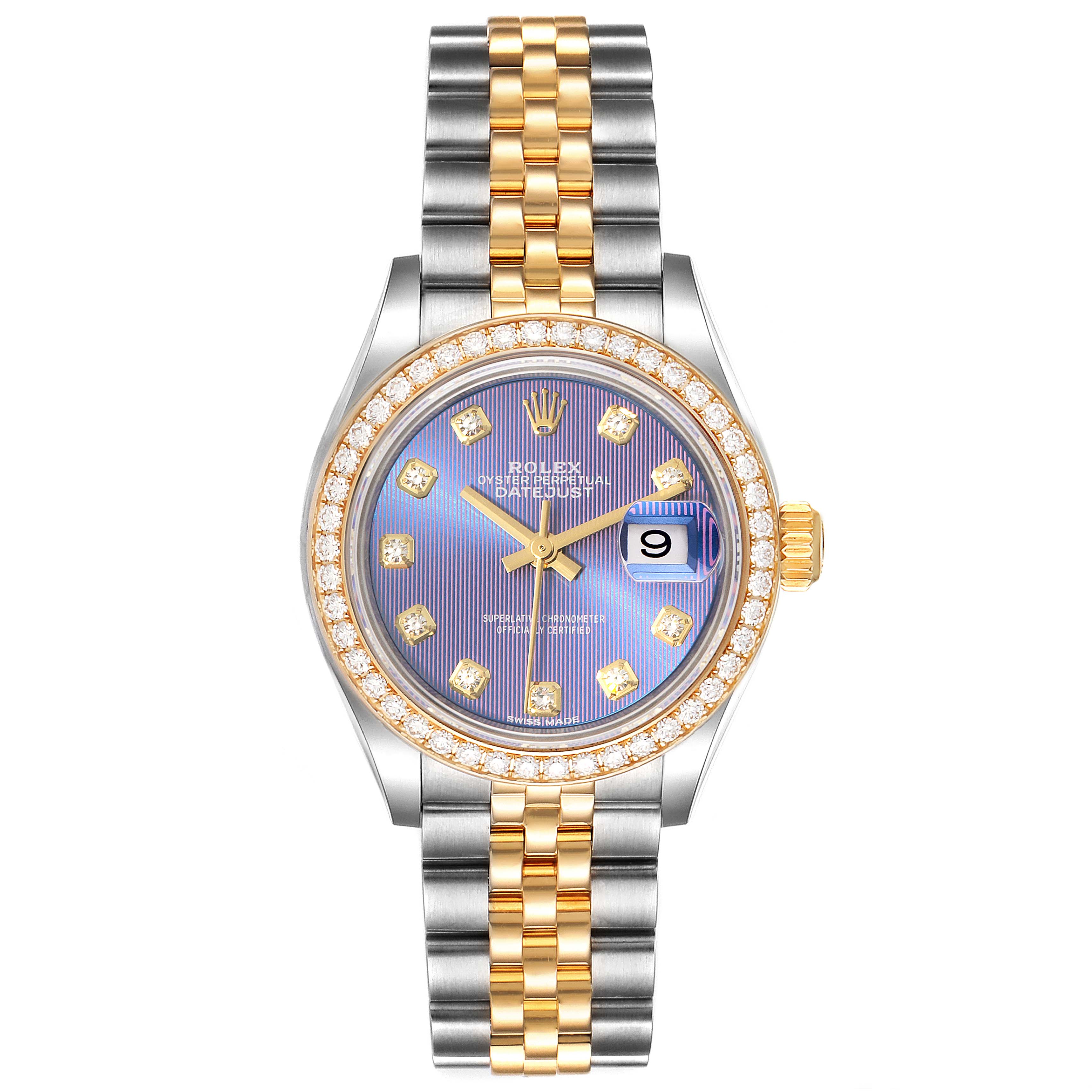 This image shows a front view of a Rolex Datejust 279383 Women's Steel and Gold (two tone) Purple Dial 279383 Women's Steel and Gold (two tone) Purple Dial watch, including its bezel, dial, hands, bracelet, and date window.