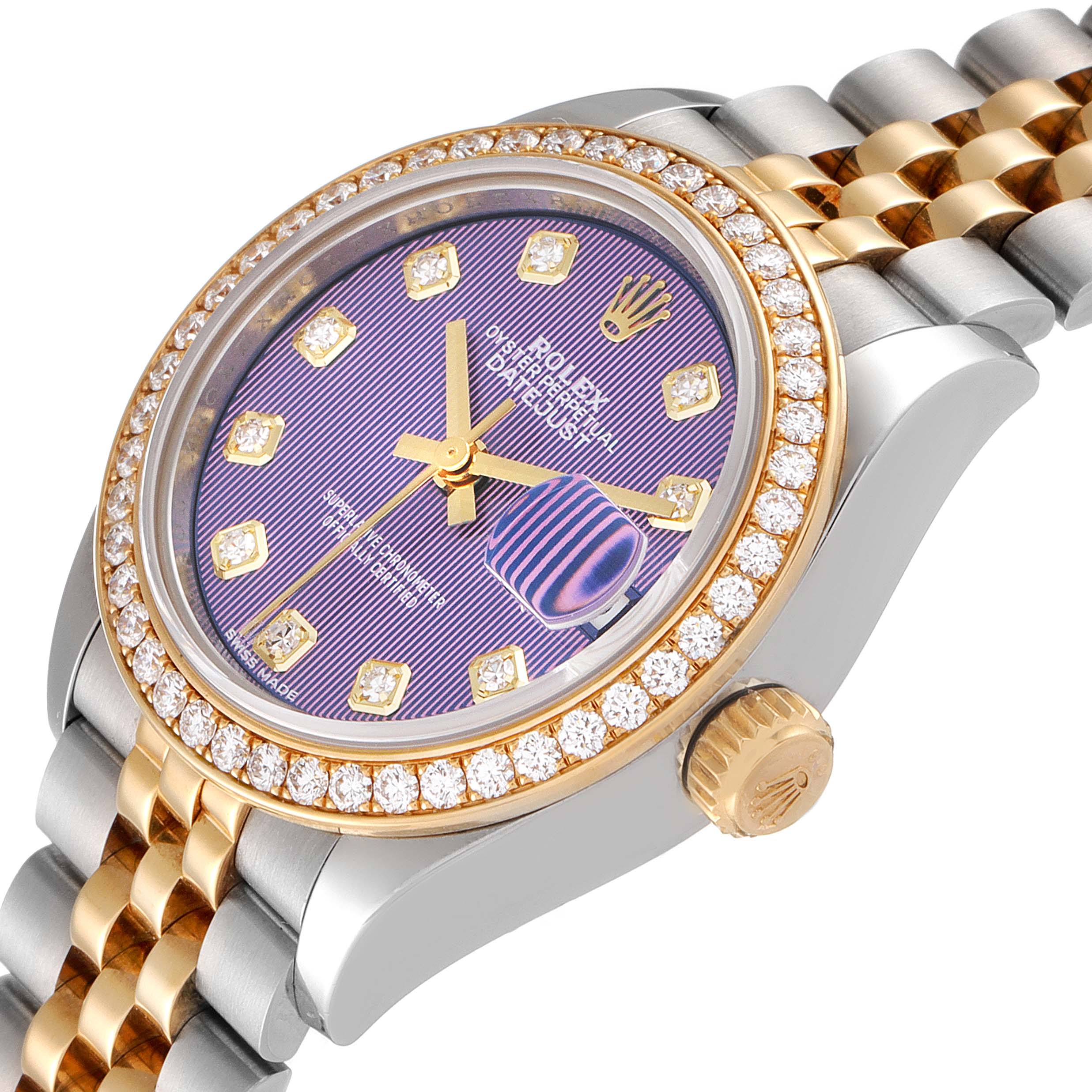 This image shows a close-up angle of the face and side crown of a Rolex Datejust 279383 Women's Steel and Gold (two tone) Purple Dial 279383 Women's Steel and Gold (two tone) Purple Dial watch.