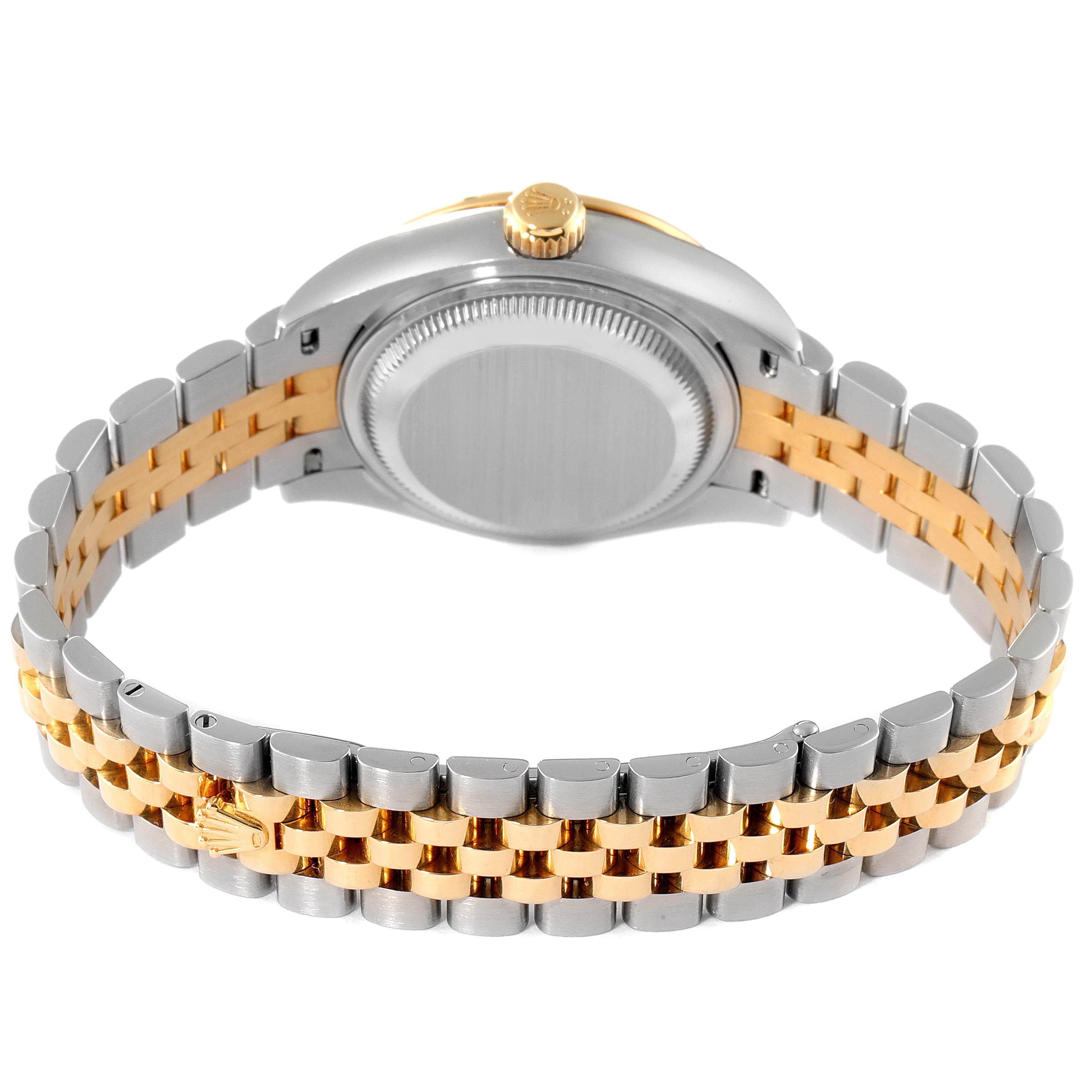 This image shows the back case and the two-tone Jubilee bracelet of the Rolex Datejust 279383 Women's Steel and Gold (two tone) Purple Dial 279383 Women's Steel and Gold (two tone) Purple Dial watch.