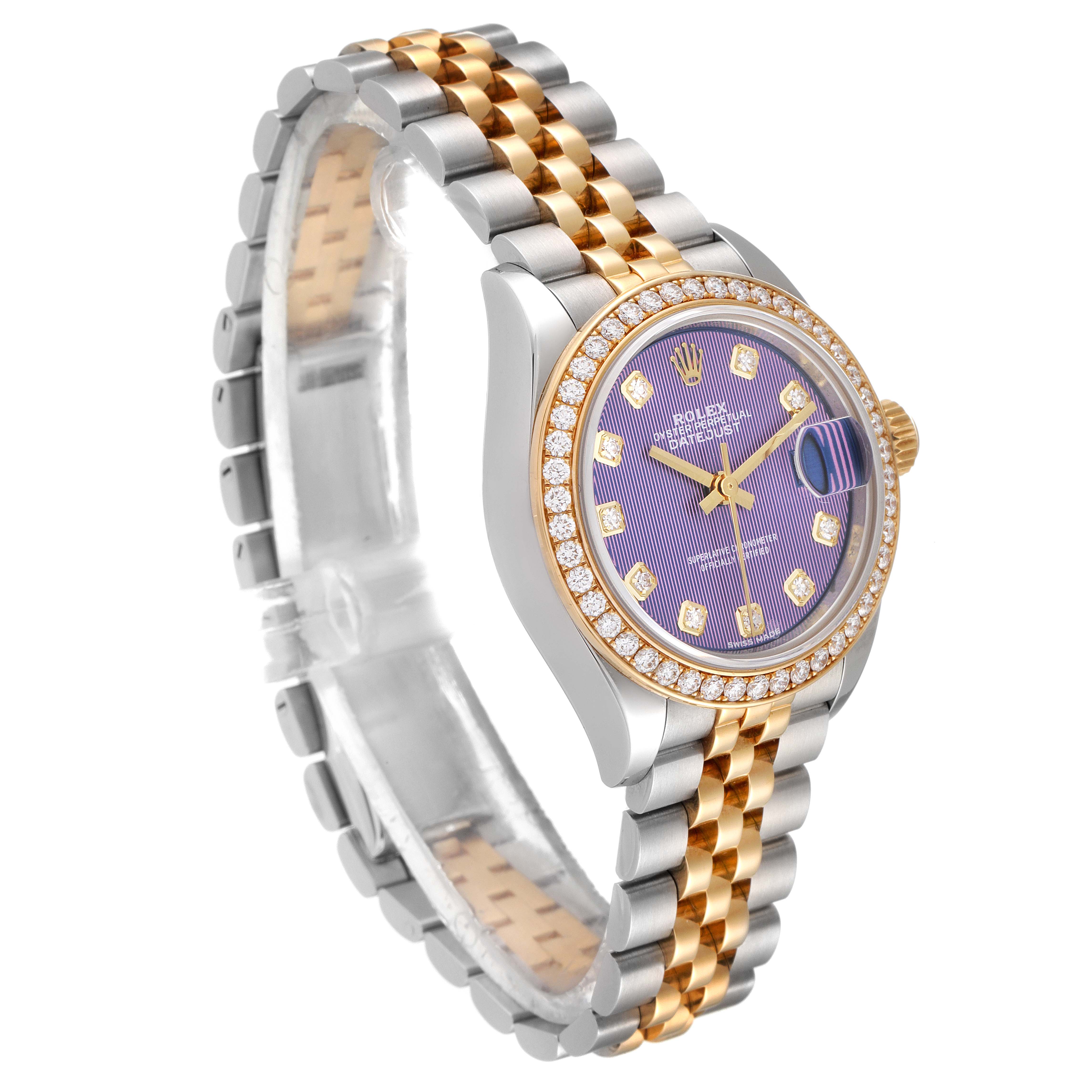 This image shows a Rolex Datejust 279383 Women's Steel and Gold (two tone) Purple Dial 279383 Women's Steel and Gold (two tone) Purple Dial watch at a slight left angle, highlighting its two-tone bracelet, purple dial, and diamond bezel.