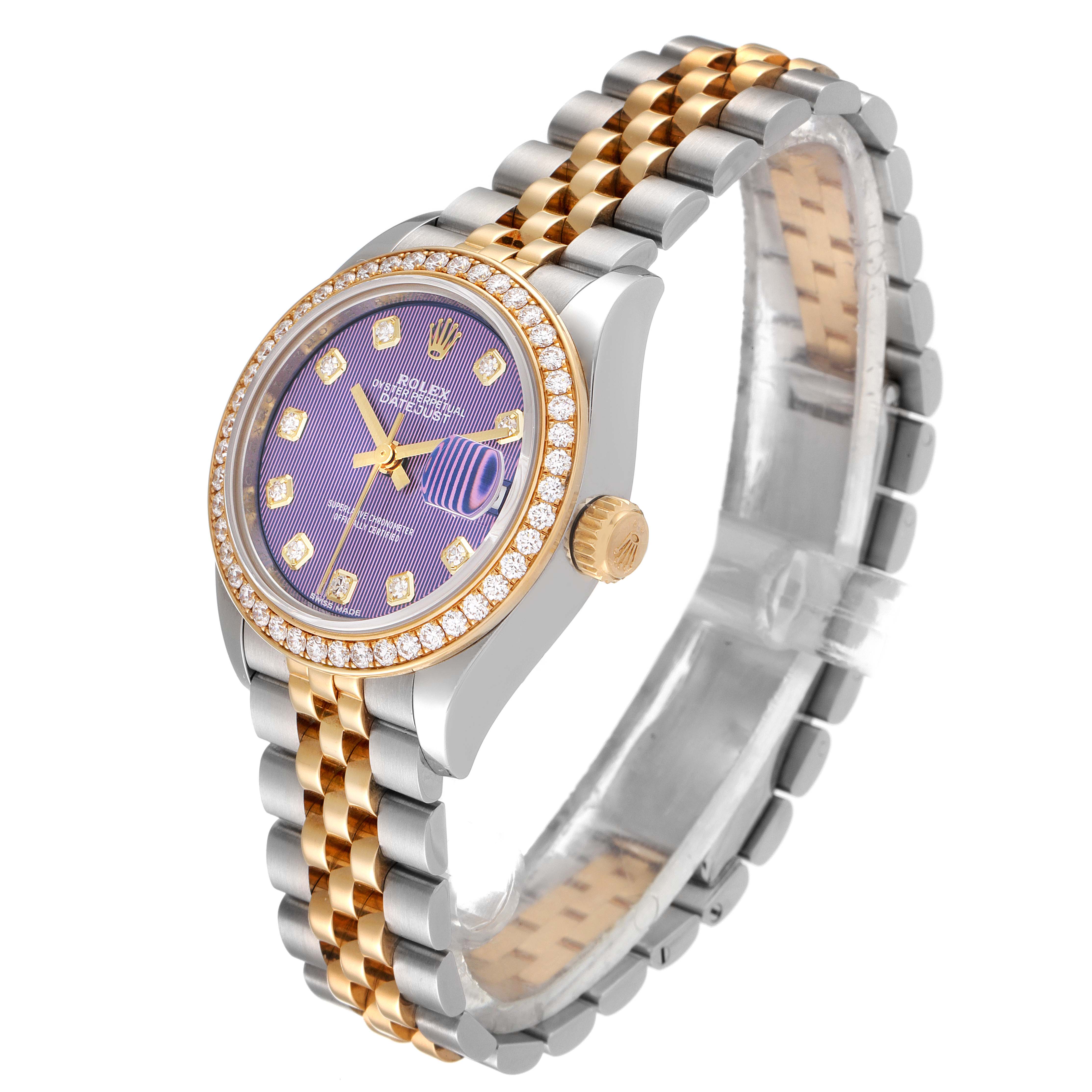 The image shows a Rolex Datejust 279383 Women's Steel and Gold (two tone) Purple Dial 279383 Women's Steel and Gold (two tone) Purple Dial watch angled from the top right, highlighting the dial, bezel, crown, and bracelet.